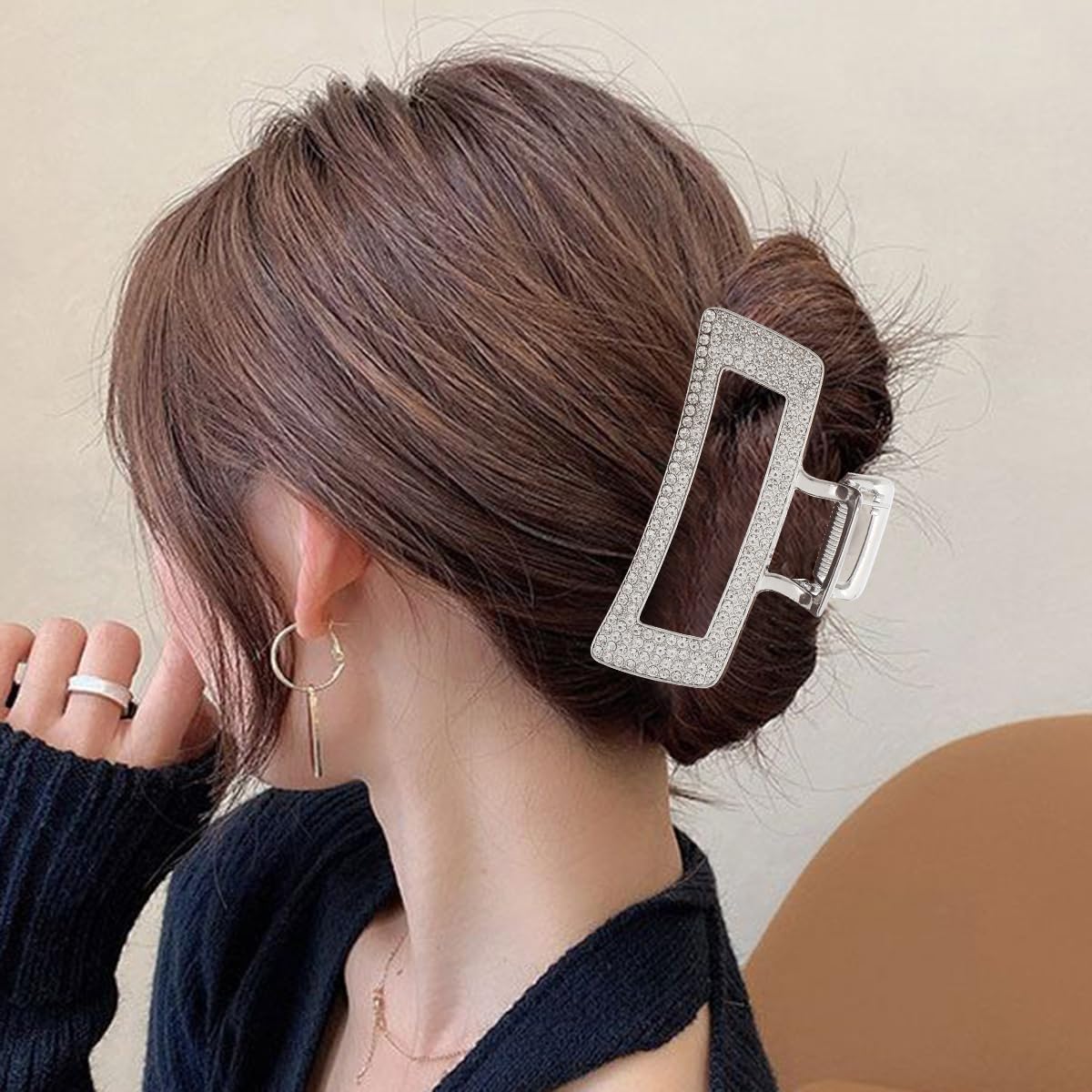 WORTL Pinzas grandes de metal cuadradas de 3.5 pulgadas, paquete de 4 abrazaderas de pelo con diamantes de imitación para mujeres y más delgadas,