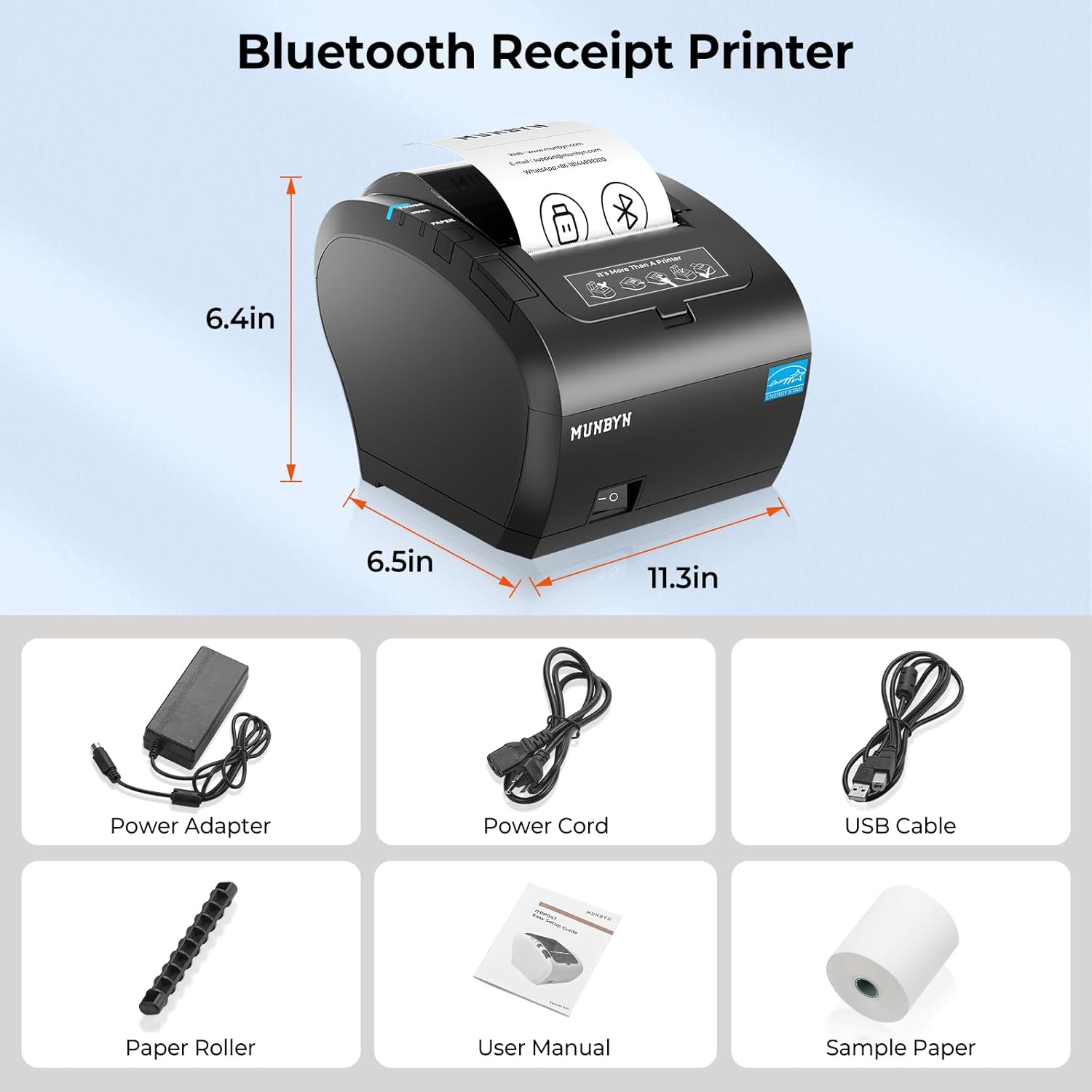 MUNBYN Impresora térmica de recibos Bluetooth P047, impresora POS de 3.150 in, impresora térmica con Ethernet serie USB, Bluetooth, compatible con