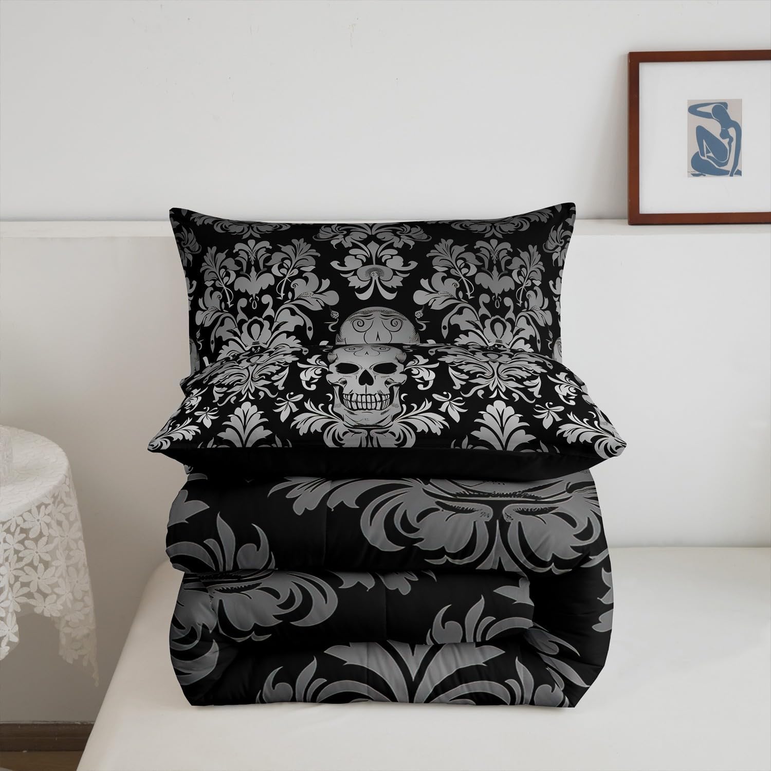 Juego de ropa de cama de damasco gris para adultos, juego de edredón barroco victoriano antiguo, tamaño Queen, edredón floral gótico vintage,