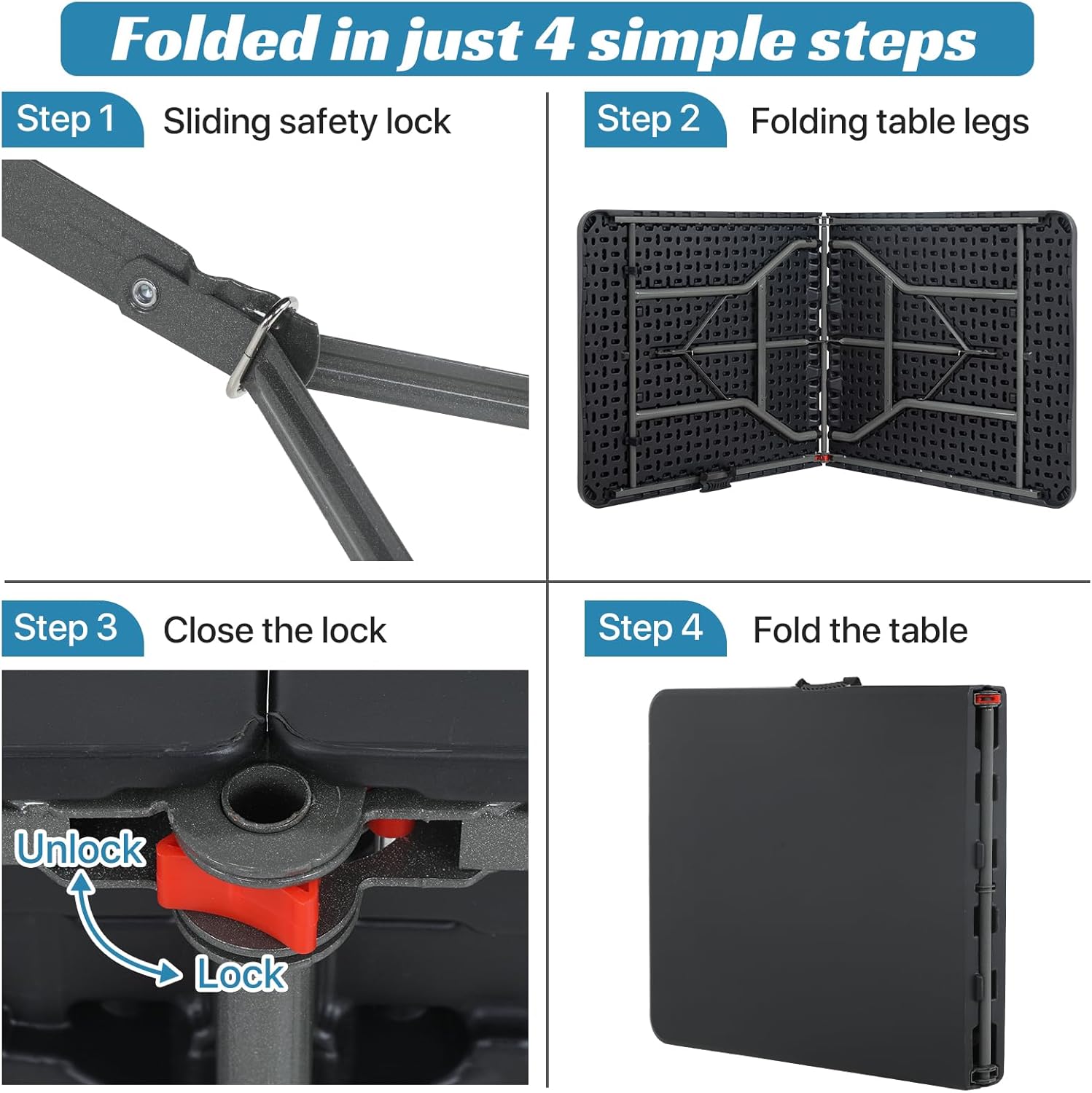 XXkseh Mesa plegable de 6 pies, mesa plegable portátil para interiores y exteriores, de plástico resistente, mesa de picnic con función de bloqueo,
