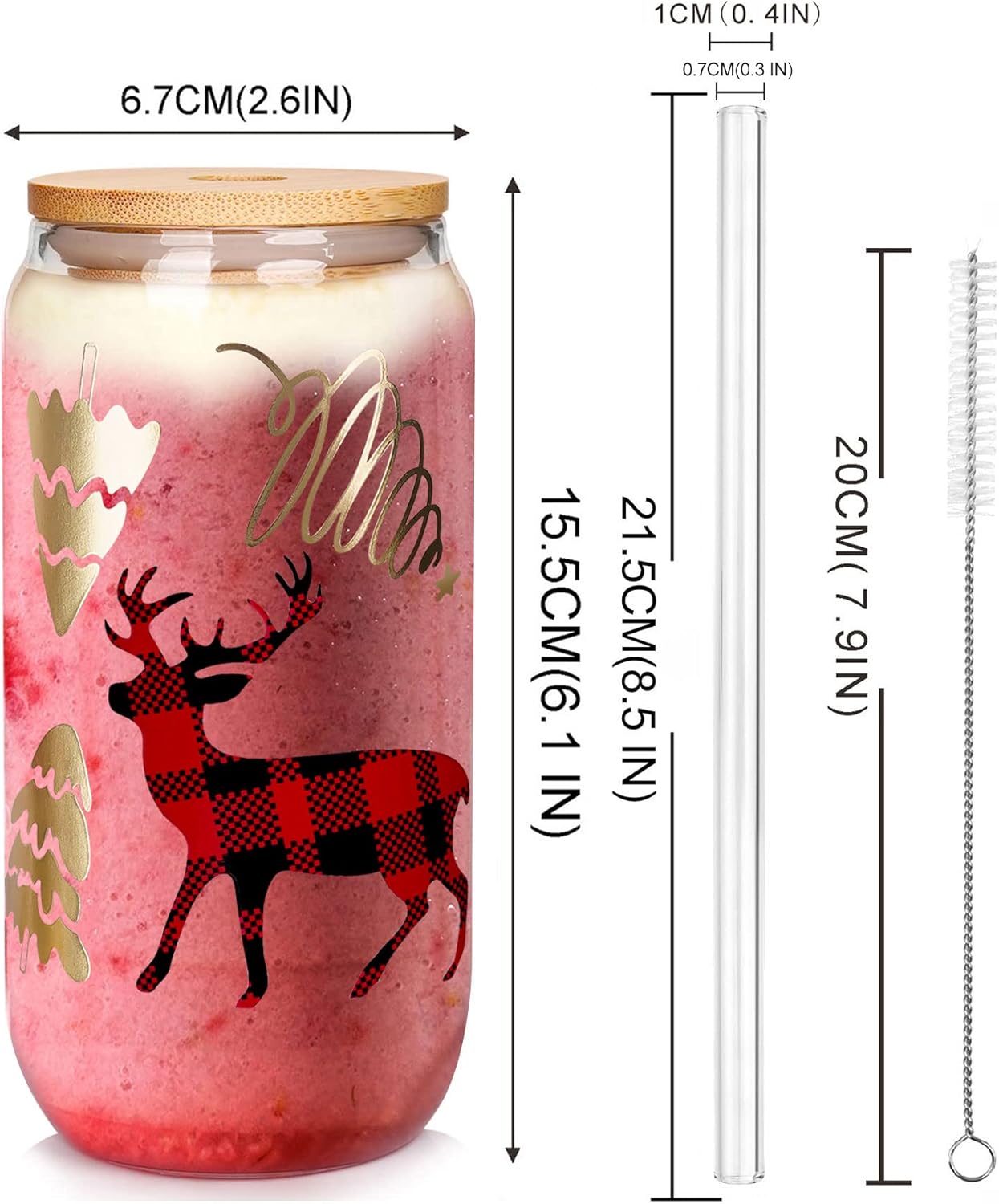 ANOTION Vasos de Navidad, tazas de café de Navidad de 18 onzas, tazas de vidrio con tapa y pajita, vaso colorido para árbol de Navidad, vasos para