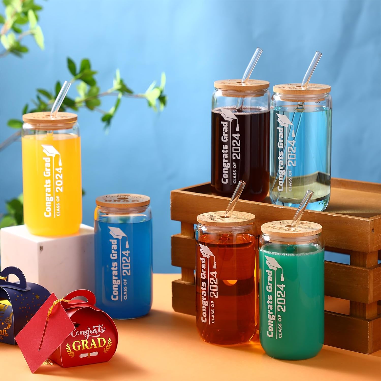 12 vasos de vidrio con tapas de bambú y popote de vidrio para ella y él, regalos de graduación de graduación de maestría universitaria, 16 onzas,
