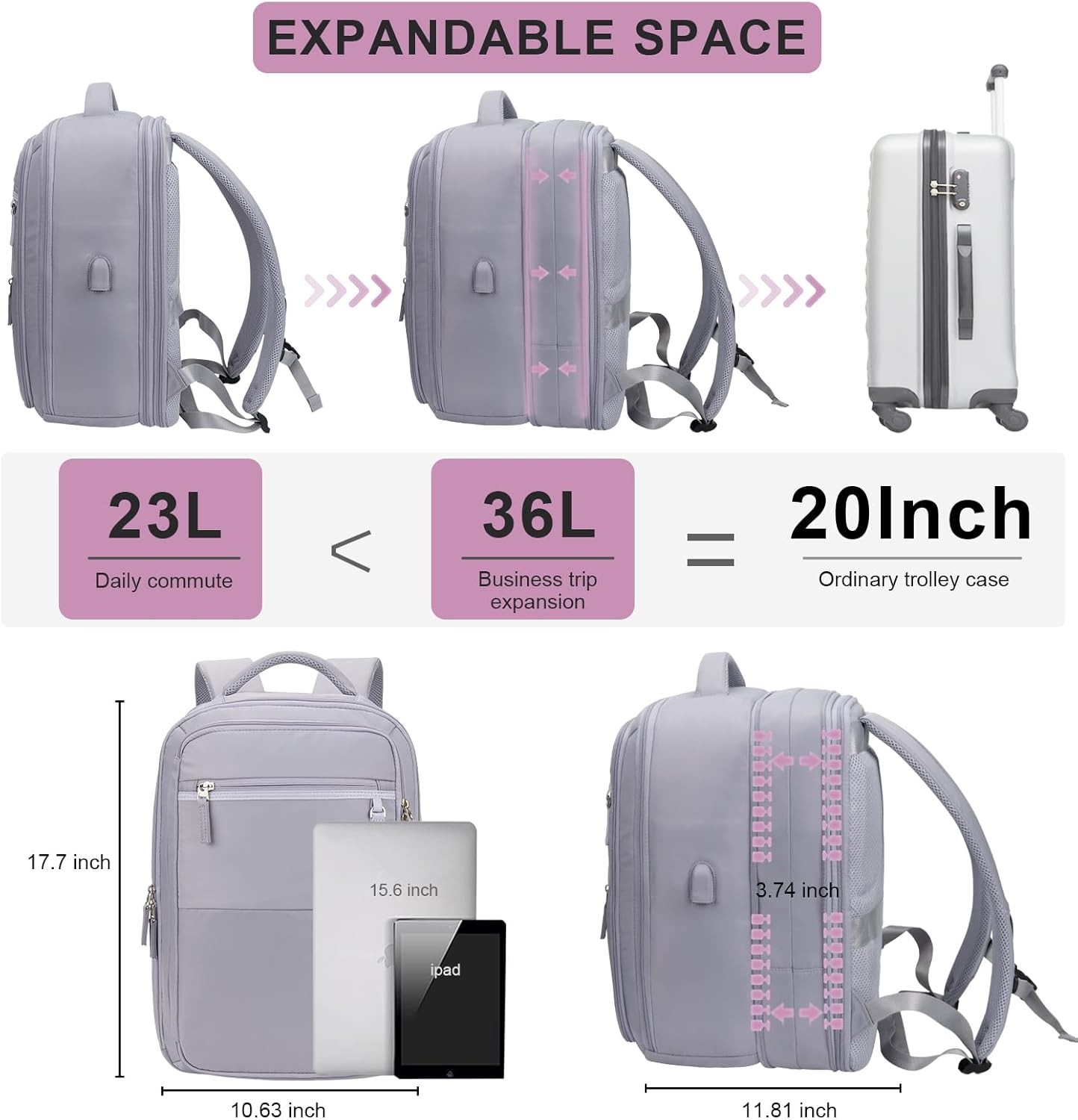 Hp hope Mochila de viaje para mujer, mochila extra grande para laptop con puerto de carga USB para senderismo, mochila de negocios de fin de semana,