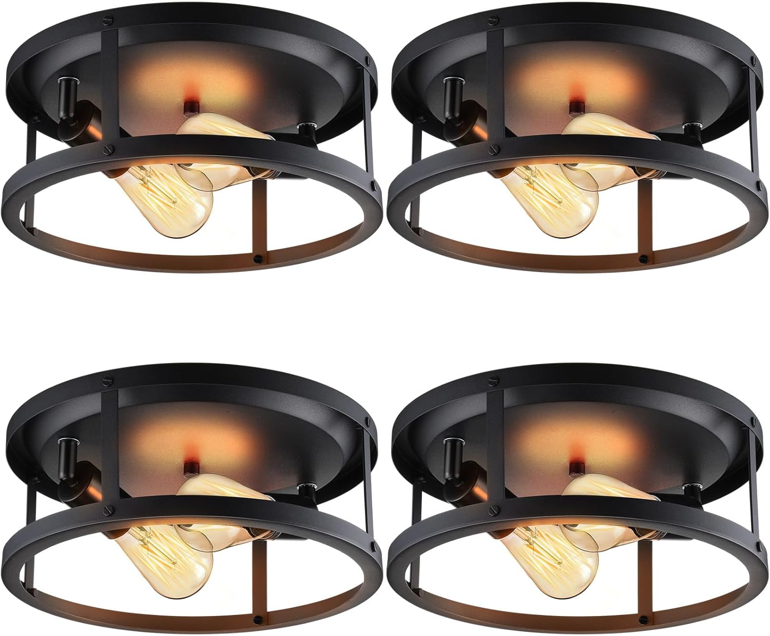 4 luces de techo de montaje empotrado, luces de granja negras industriales de metal para dormitorio, entrada, pasillo, cocina, base E26, bombillas