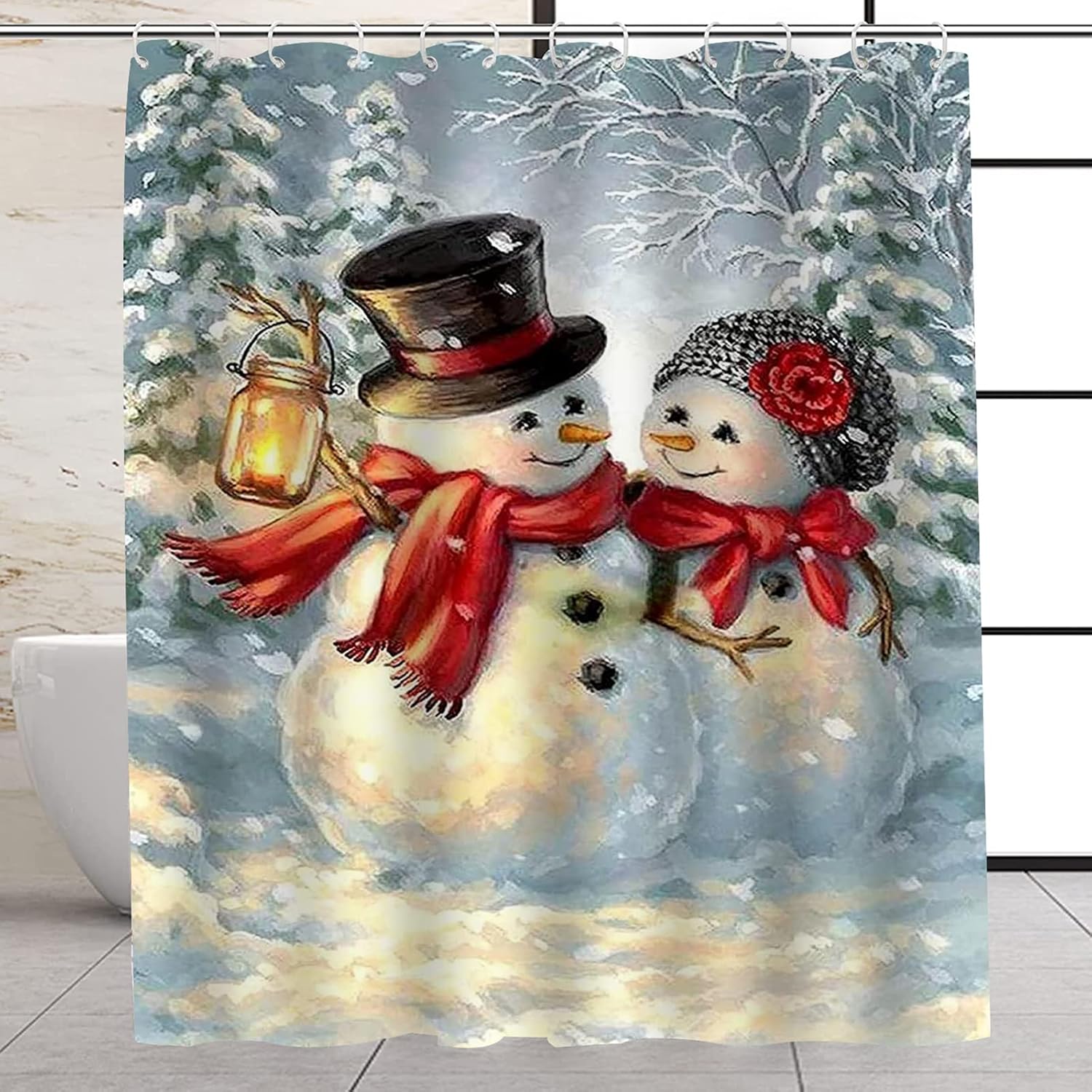 Juego de cortina de ducha de Navidad para decoración de baño, tela impermeable, lindo muñeco de nieve con temática de Papá Noel, cortinas de bañera