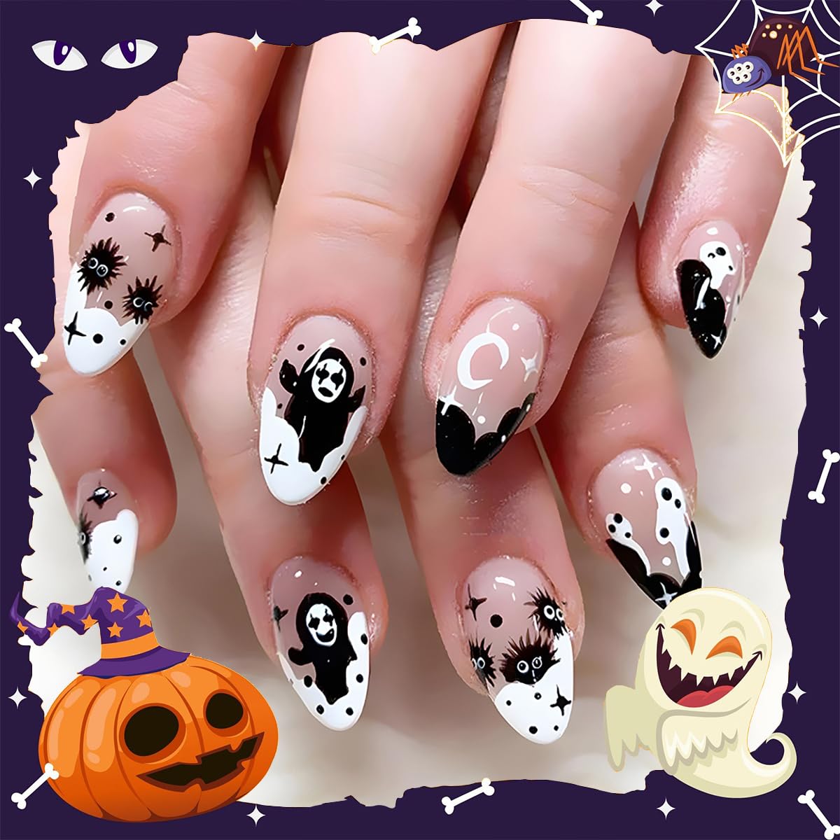 Uñas postizas a presión de Halloween, 24 unidades, uñas postizas cortas de almendra, uñas con pegamento para mujeres, niñas, adolescentes con