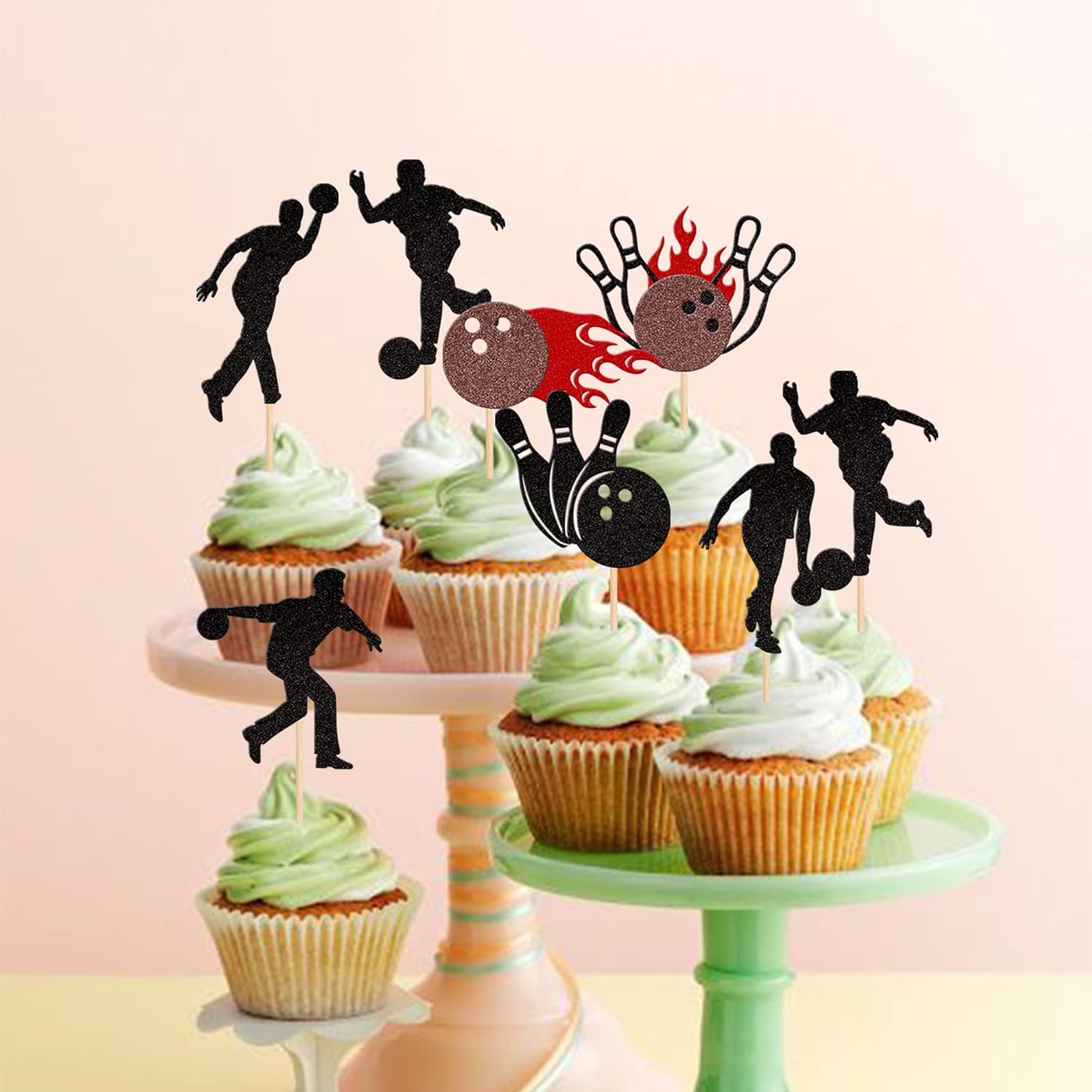 28 piezas de decoración de cupcakes con purpurina para jugadores de bolos para jugadores de bolos, bolos deportivos, decoración de pasteles para