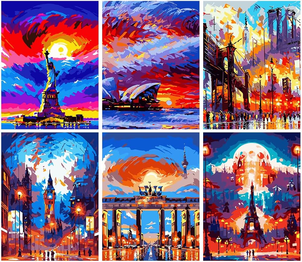 6 paquetes de pintura abstracta por números para adultos, kit de pintura acrílica fácil de paisaje por números para adultos principiantes, kits de