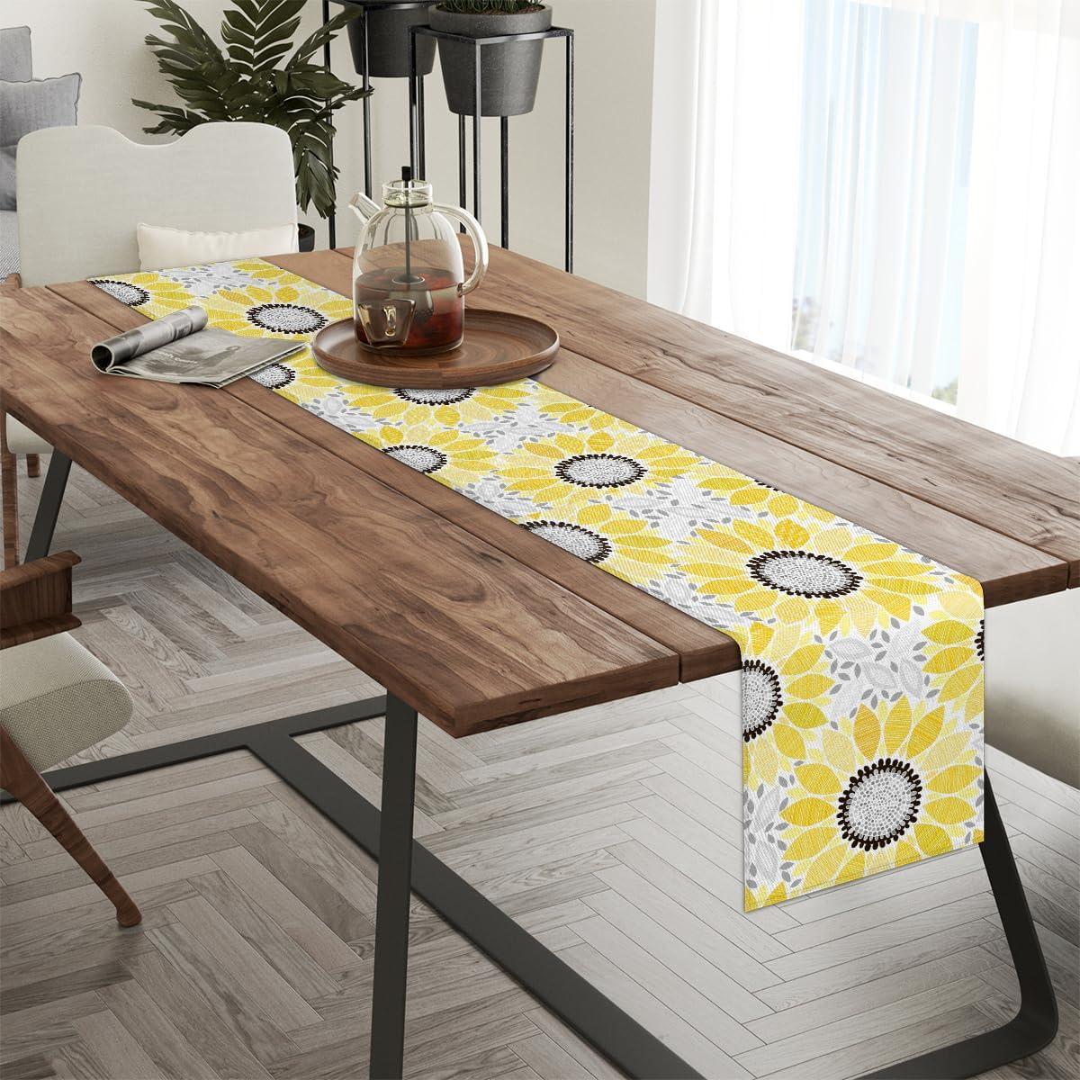 Camino de mesa de flores abstractas, mantel de lino rústico otoñal, decoración de mesa de cocina y comedor para fiesta en el hogar, 13 x 72 pulgadas