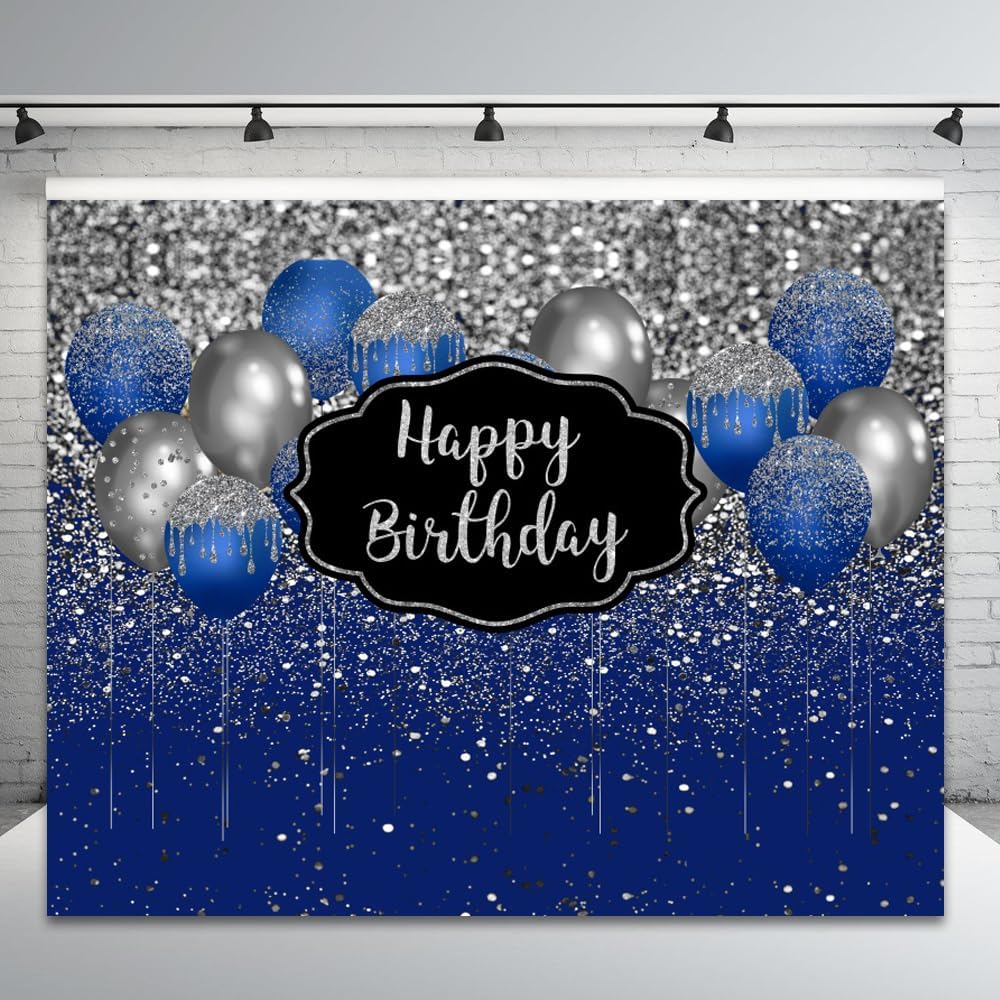 Telón de fondo de feliz cumpleaños azul marino y plateado, globos azules y plateados con purpurina, diamantes, puntos, fiesta de cumpleaños, fondo