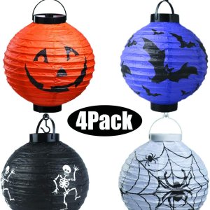 Bimkole Paquete de 4 faroles de papel para decoración de Halloween con calavera de araña, esqueleto, murciélago, calabaza, sonriente, para el hogar, Bimkole Paquete de 4 faroles de papel para decoración de Halloween con calavera de araña, esqueleto, murciélago, calabaza, sonriente, para el hogar,