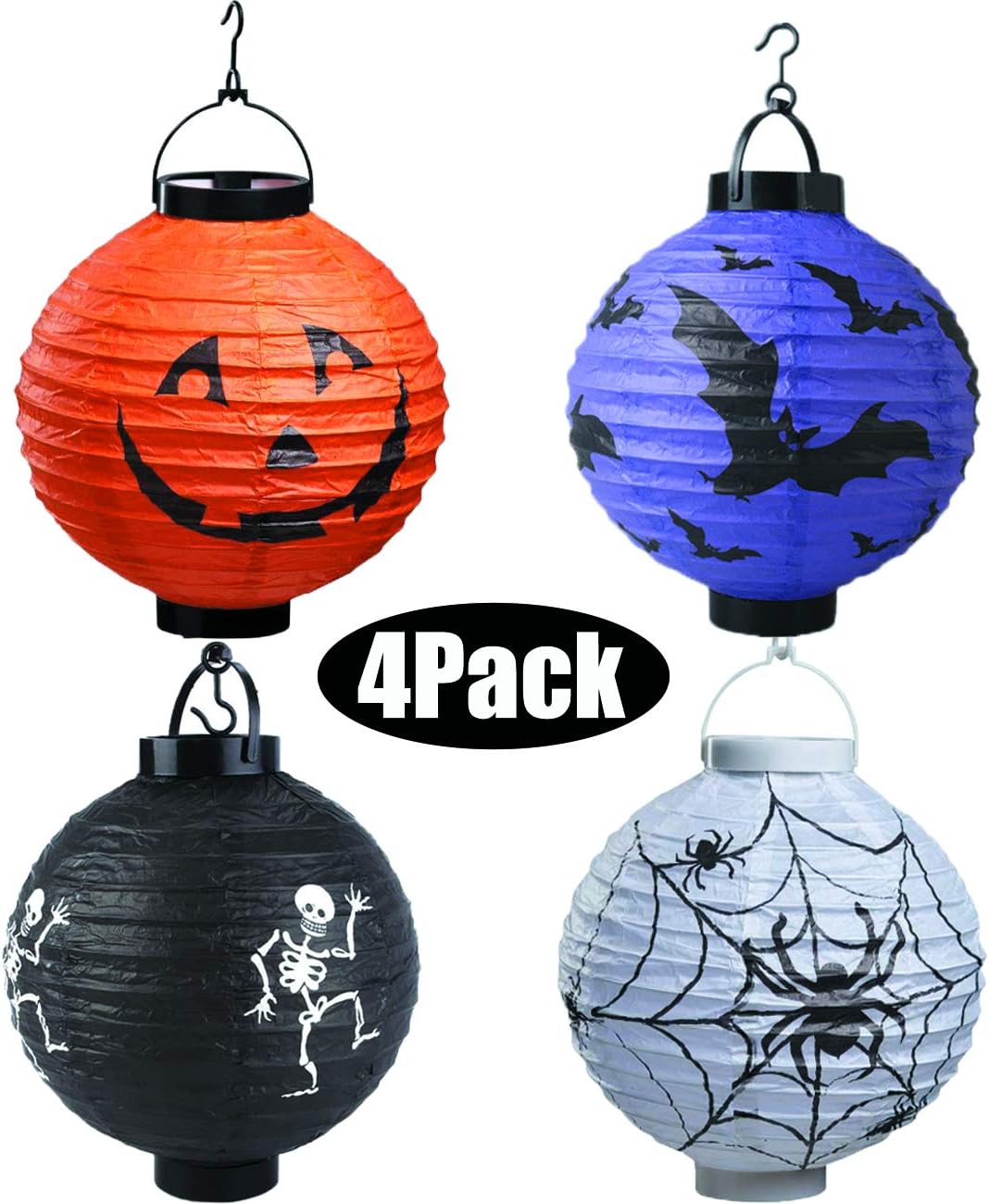 Bimkole Paquete de 4 faroles de papel para decoración de Halloween con calavera de araña, esqueleto, murciélago, calabaza, sonriente, para el hogar,