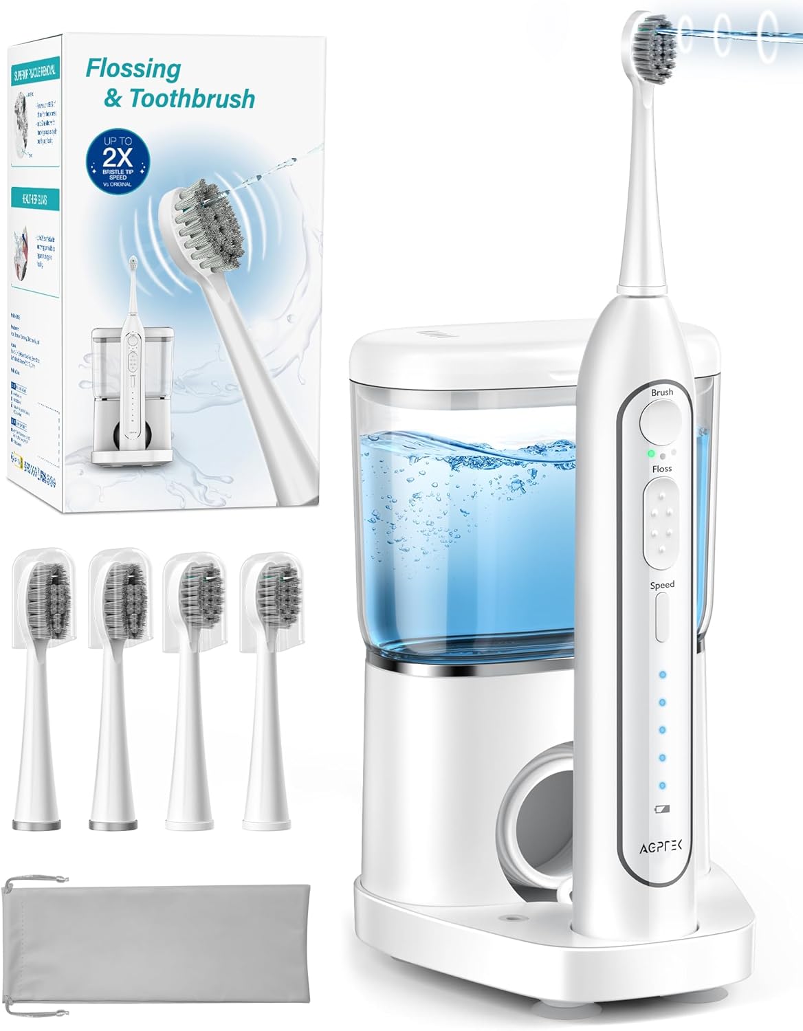 AGPTEK Cepillo de dientes eléctrico e hilo dental de agua, limpiador de dientes inalámbrico de 3 modos y 5 irrigadores orales a presión de agua,