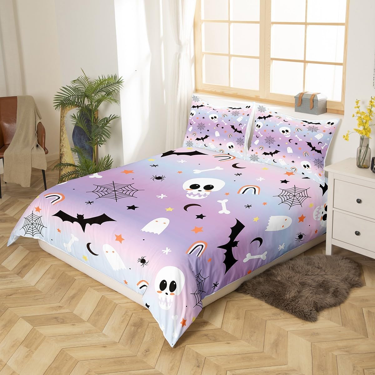 Feelyou Juego de ropa de cama de Halloween, tamaño matrimonial, funda de edredón de calavera de azúcar para niños, niñas, adolescentes, decoración