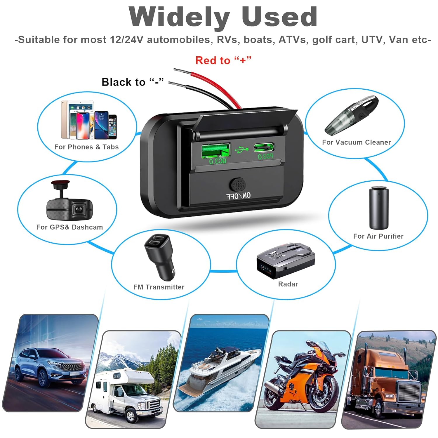 2 salidas USB RV de 12 V con interruptor de alimentación, 38 W Dual PD3.0 Tipo-C y carga rápida QC3.0 USB-A Puerto Montaje en panel con tapa,