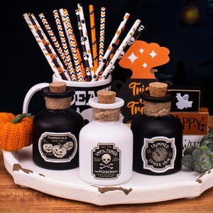 Decoraciones de Halloween para interiores  Decoración de bandeja escalonada de Halloween  3 botellas de poción de vidrio con 6 calcomanías  Botellas Decoraciones de Halloween para interiores  Decoración de bandeja escalonada de Halloween  3 botellas de poción de vidrio con 6 calcomanías  Botellas