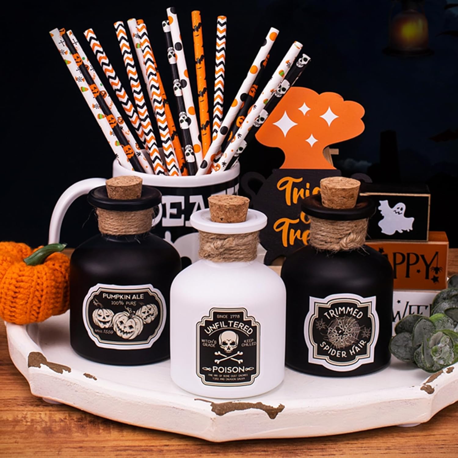 Decoraciones de Halloween para interiores  Decoración de bandeja escalonada de Halloween  3 botellas de poción de vidrio con 6 calcomanías  Botellas