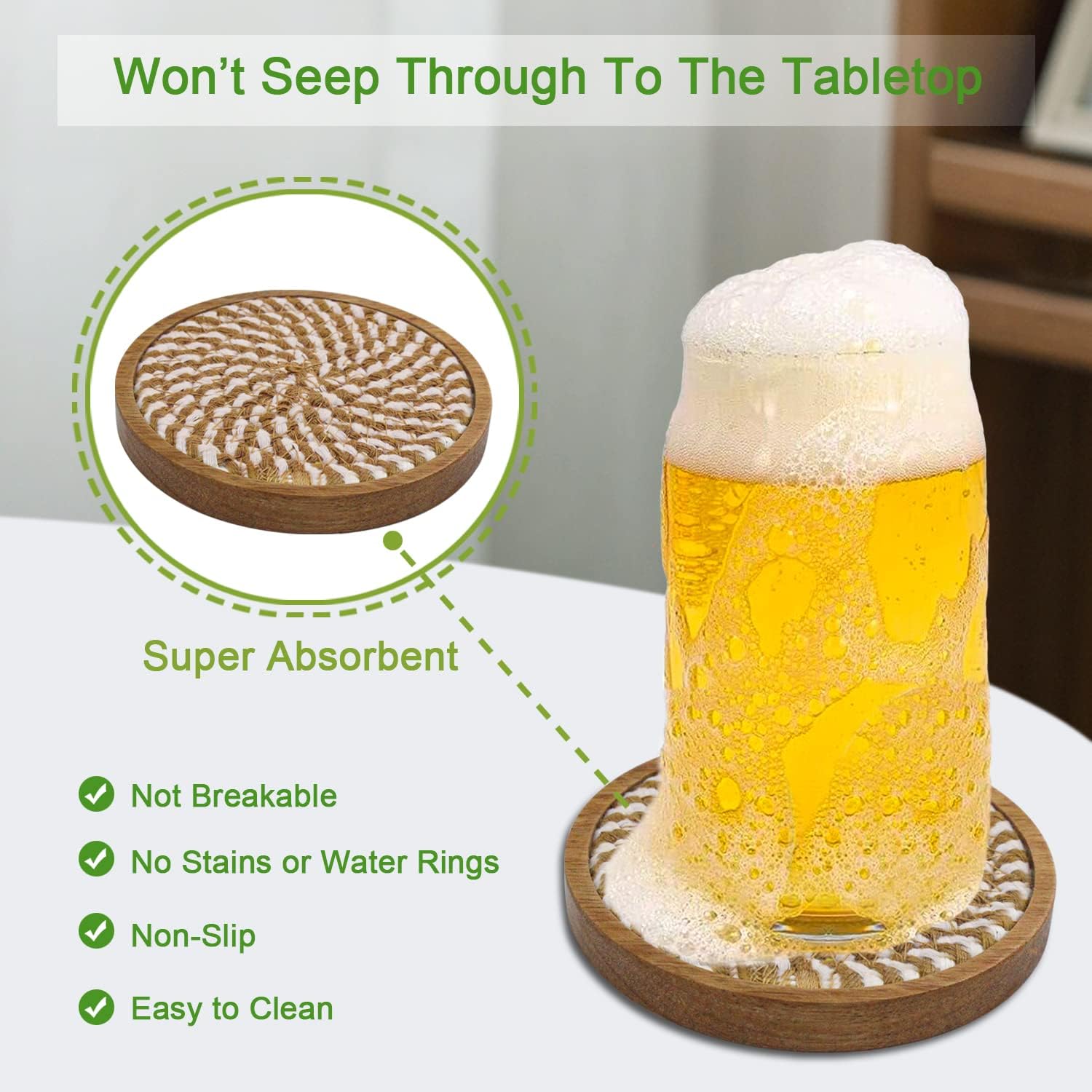 Eykao Paquete de 5 posavasos absorbentes para bebidas, posavasos tejidos de 4.3 pulgadas para mesas de café, posavasos de madera para protección de