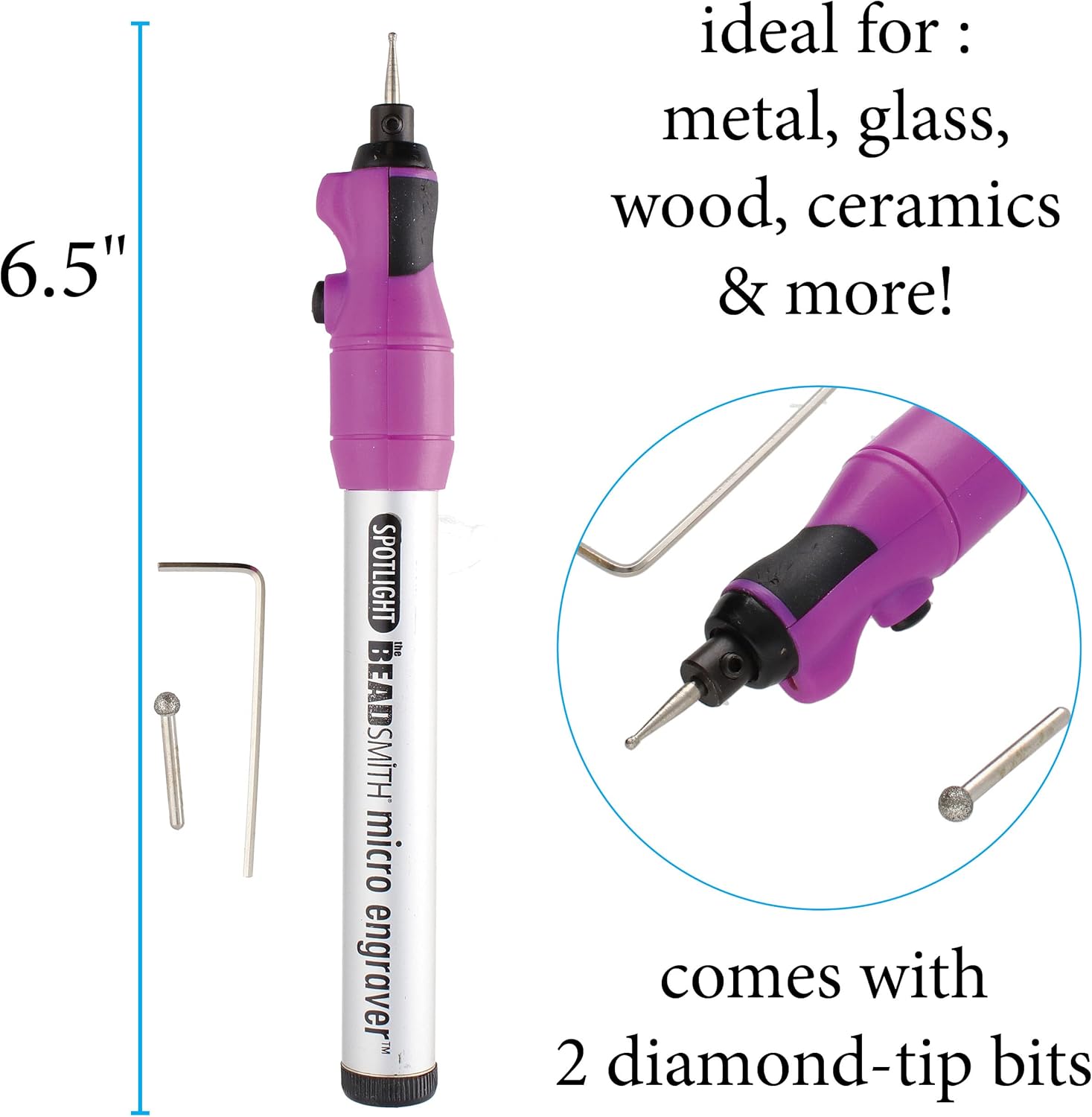 The Beadsmith Juego de grabador  Micro grabador a batería con foco y 2 puntas redondas de diamante  10 puntas de diamante  Ideal para grabar en