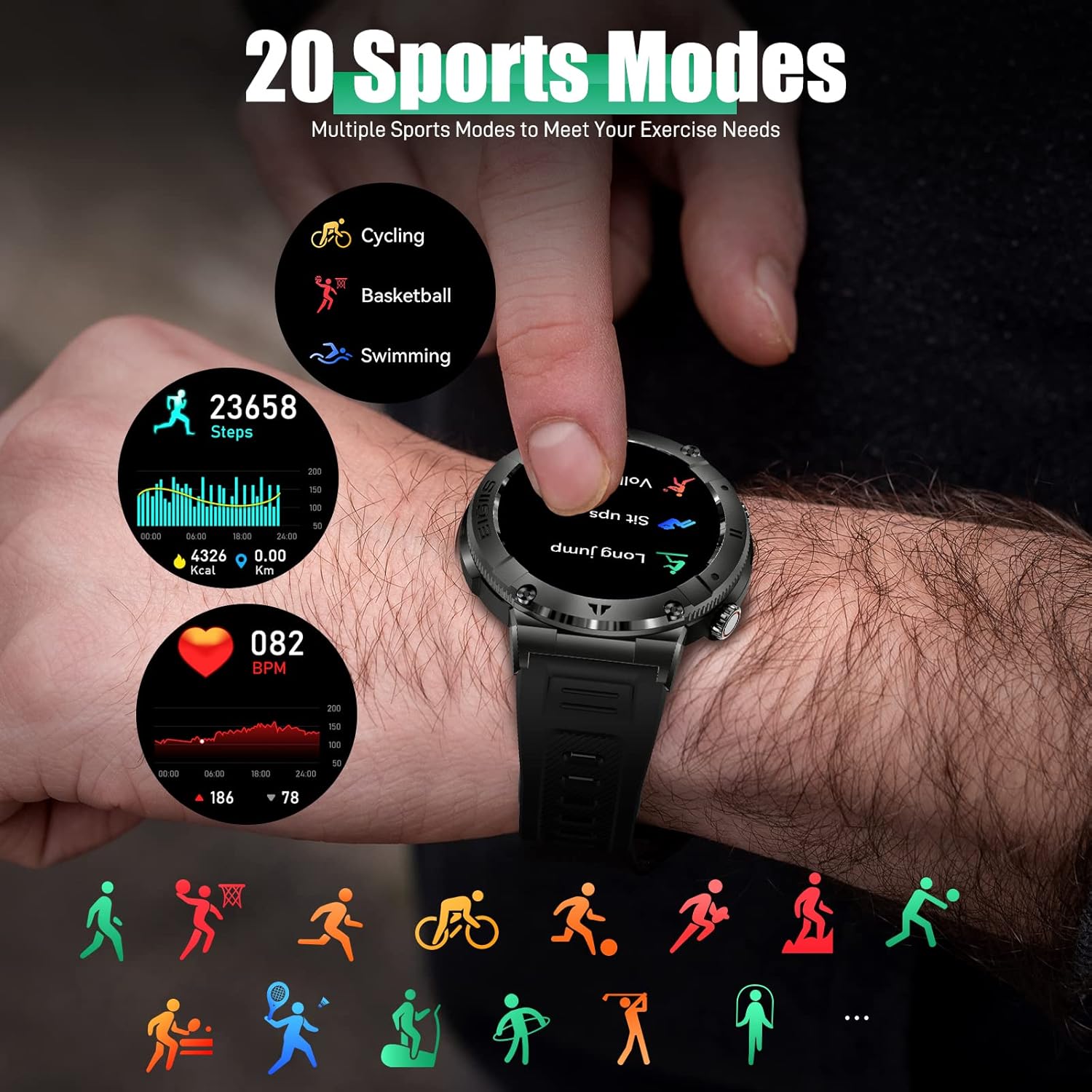Reloj inteligente para hombre (recepción de llamadasmarcación), reloj inteligente táctico HD resistente de 1.32 pulgadas para exteriores, reloj