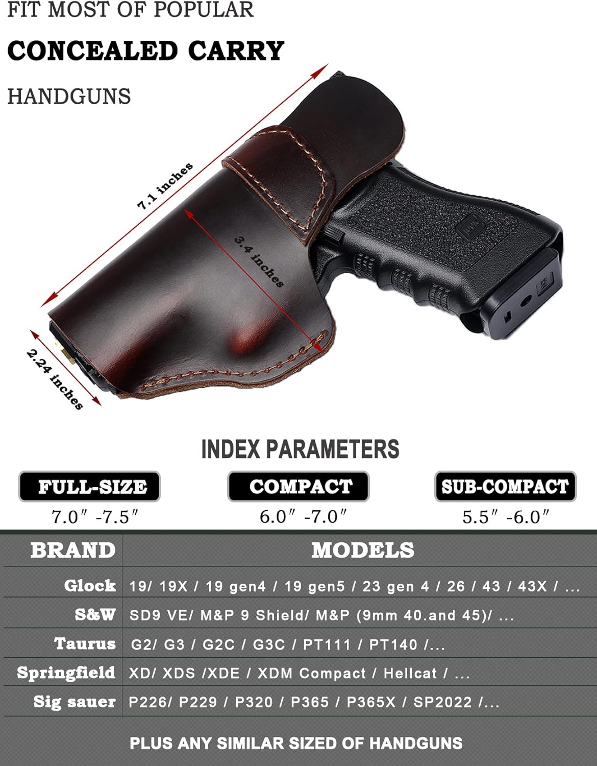 Cranssy Funda de cuero genuino IWB para transporte oculto compatible con Glock 19 23 43X 48, Taurus G3C G2C, M&P Shield 0.354 in, P365X Macro, etc