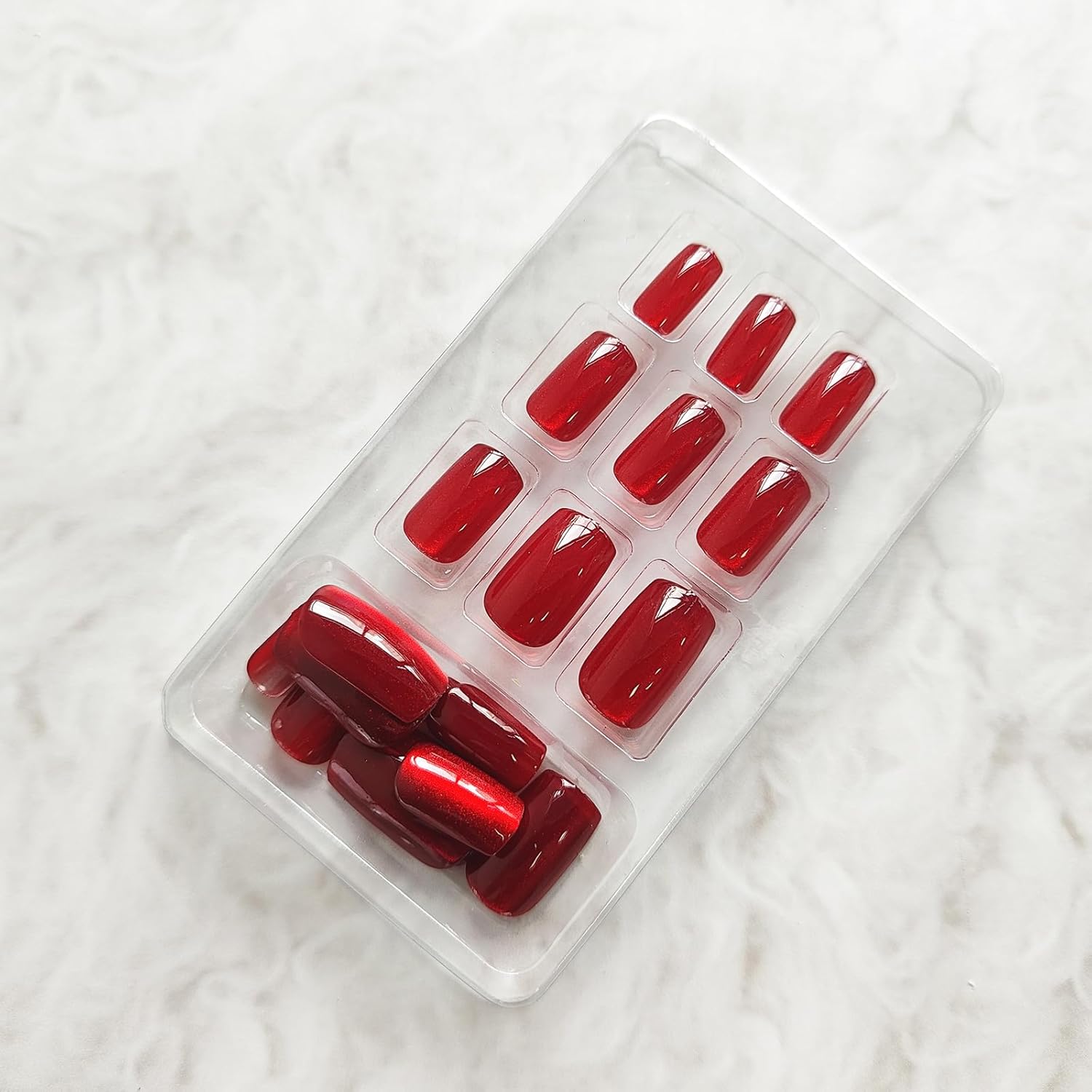 Uñas postizas a presión de ojo de gato, color rojo vino, uñas postizas cuadradas medianas con diseño degradado, uñas acrílicas brillantes de