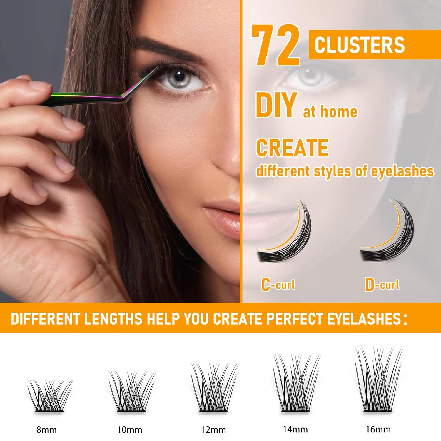 Extensiones de pestañas rizadas en racimo B01 D, de 0.47 a 0.70 pulgadas, 72 racimos naturales de pestañas individuales B&Q LASH, extensiones de