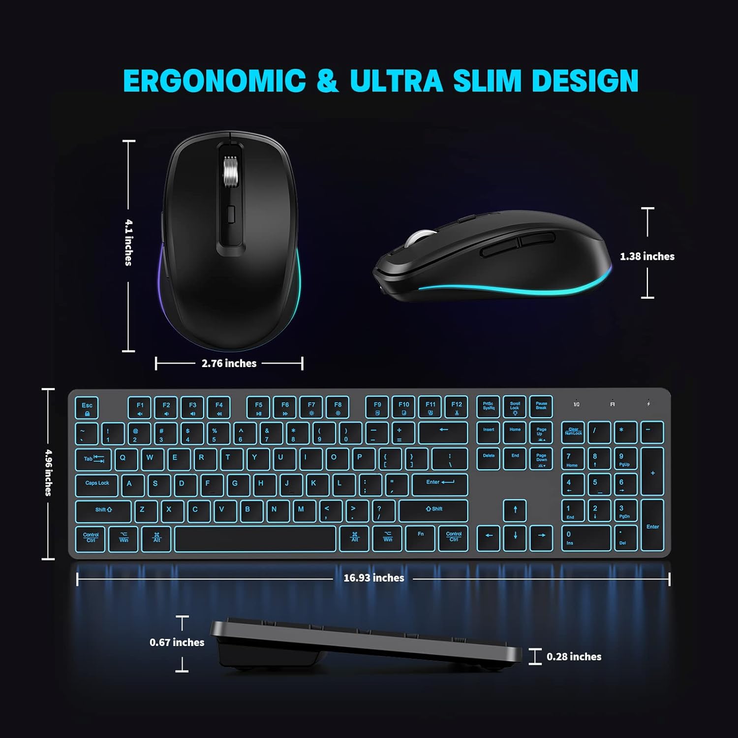 Teclado y mouse inalámbricos, combo de teclado inalámbrico recargable, Jiggle Mouse delgado, tamaño completo, silencioso, 7 colores, retroiluminado,