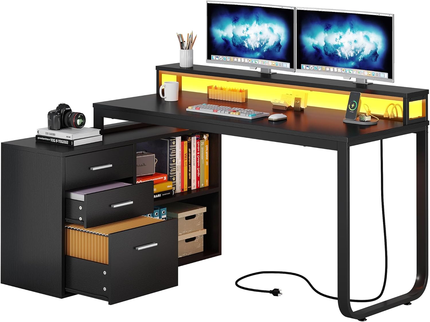 DWVO Escritorio en forma de L con cajones, escritorio de esquina de 55 pulgadas con tomas de corriente y luces LED, escritorio de oficina en casa