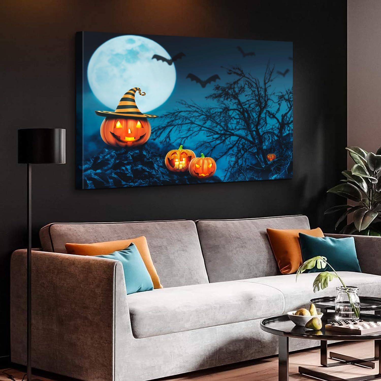 ZKBX – Arte para pared de Halloween, decoración de calabaza, murciélagos de luna, imágenes de noche de bosque oscuro de miedo, impresión en lienzo