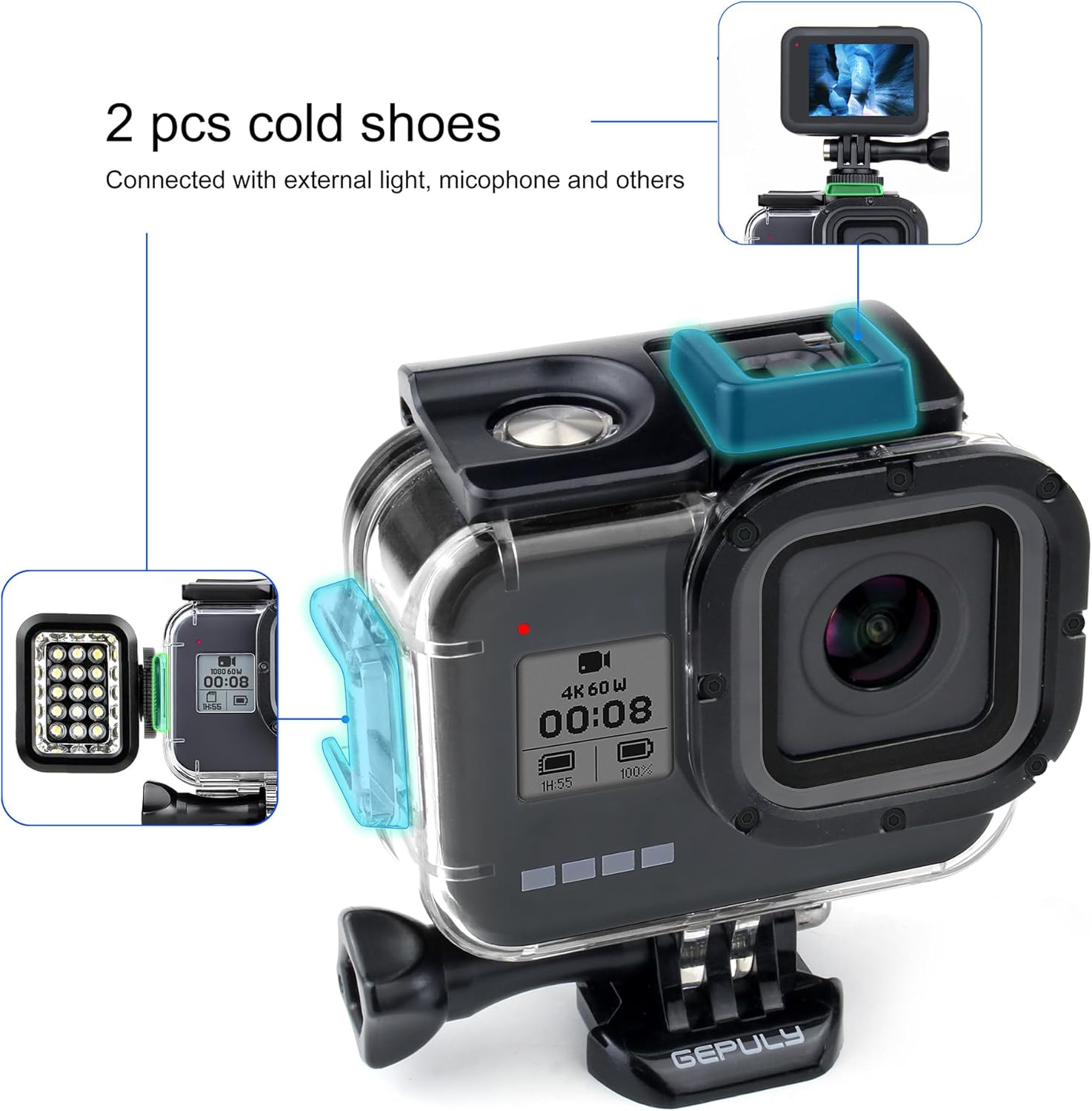 Carcasa impermeable para GoPro Hero 8 Negro, doble ranura para zapata fría protectora subacuática carcasa para GoPro Hero 8 Cámara de acción negra