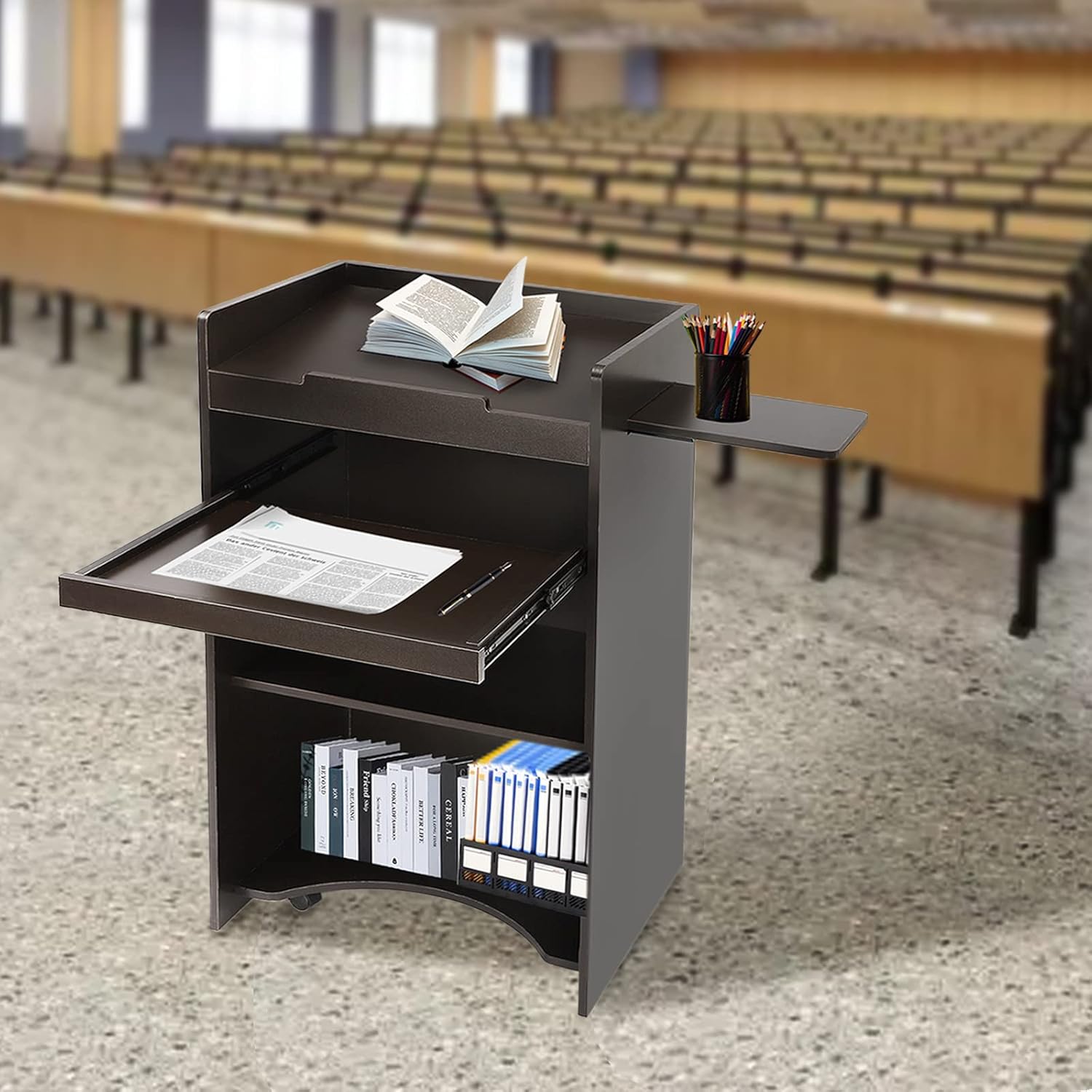 Podium – Atril móvil de piso, atril de madera rodante, podio de pie con estante de almacenamiento, aulas, oficinas, escuelas, púlpitos de iglesia