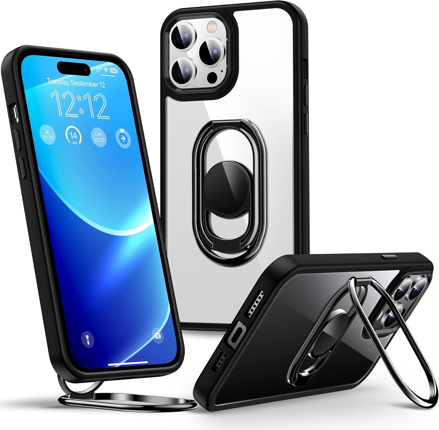 Shields Up Funda para iPhone 15 Pro con soporte, funda transparente con soporte de doble anillo ajustable y plegable a prueba de golpes para iPhone