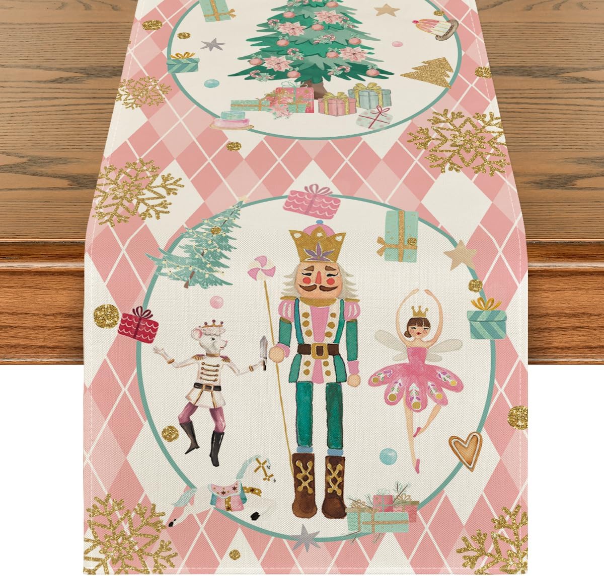 Artoid Mode Camino de mesa de Navidad con diseño de cascanueces y copos de nieve de diamantes rosados, decoración de mesa de comedor de cocina de