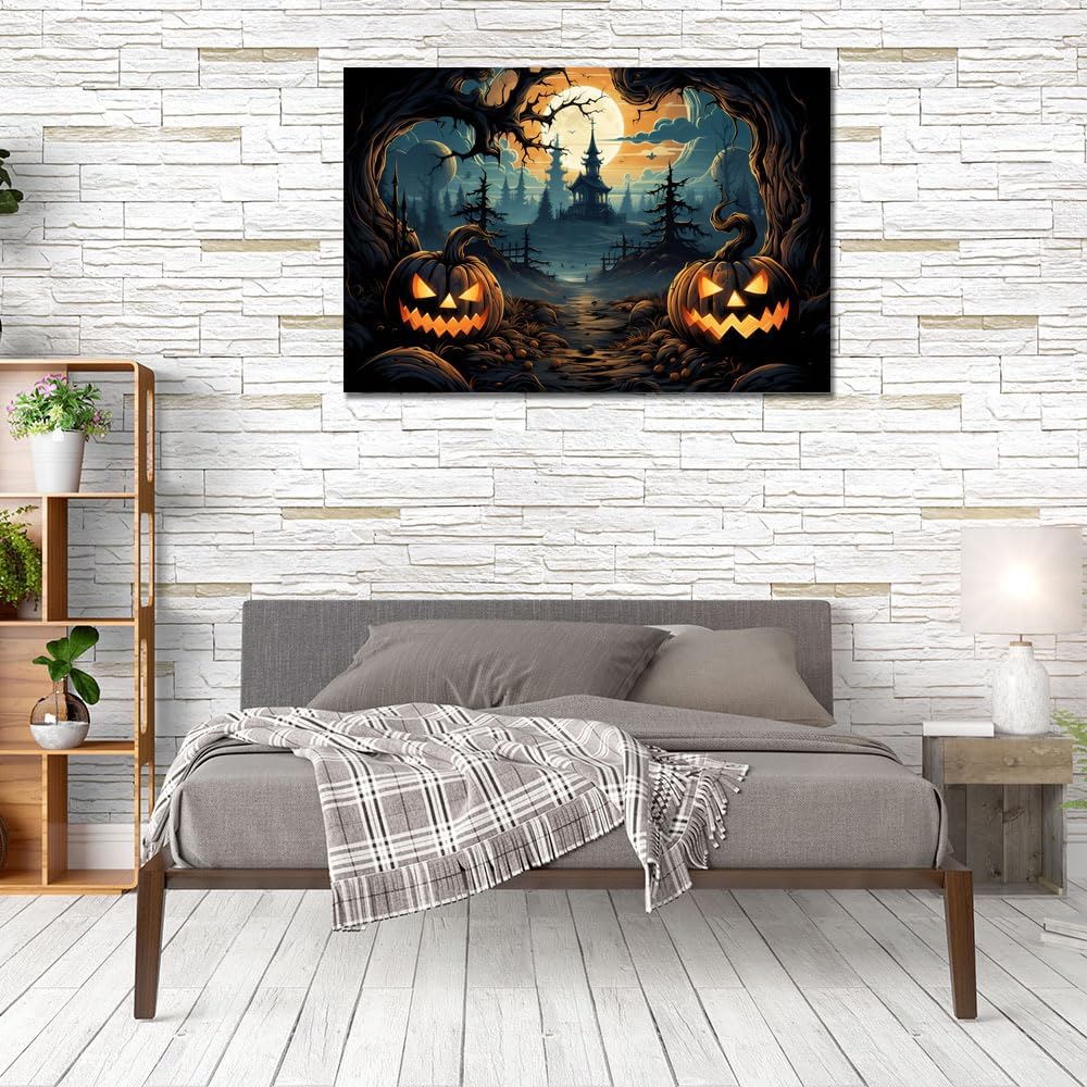 Decoración de muebles de Halloween, farol de calabaza, arte para pared, póster de terror de castillo negro con cara sonriente de calabaza, impresión
