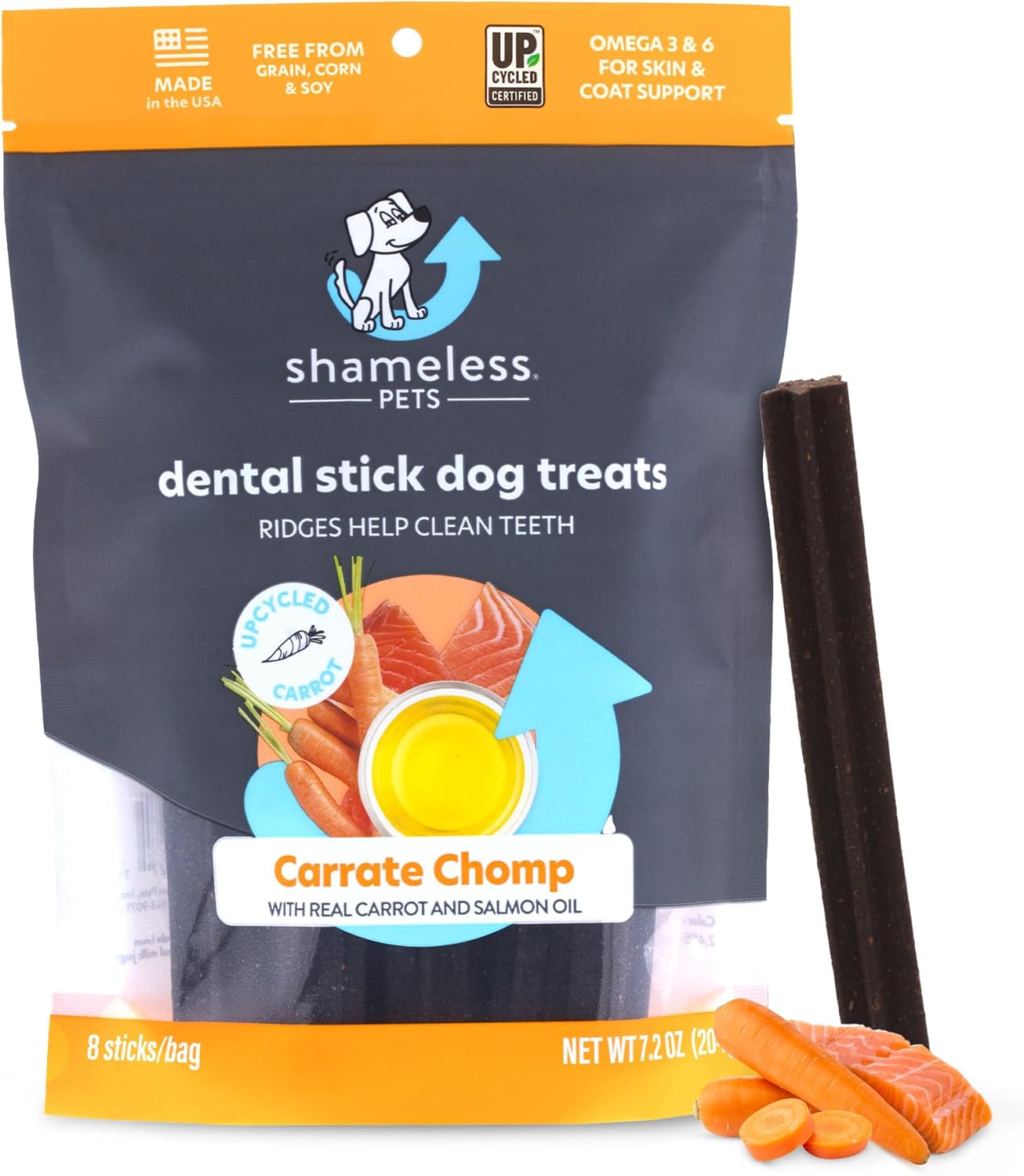 Shameless Pets Golosinas dentales para perros, Carrate Chomp, palitos dentales saludables con soporte para la piel y el pelaje para limpieza de