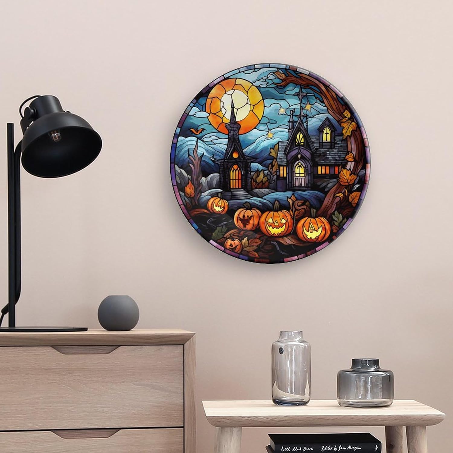 Platos decorativos de Halloween, diseño de casa embrujada, escena nocturna, vitral, placa de cena de cerámica para el hogar con soporte de