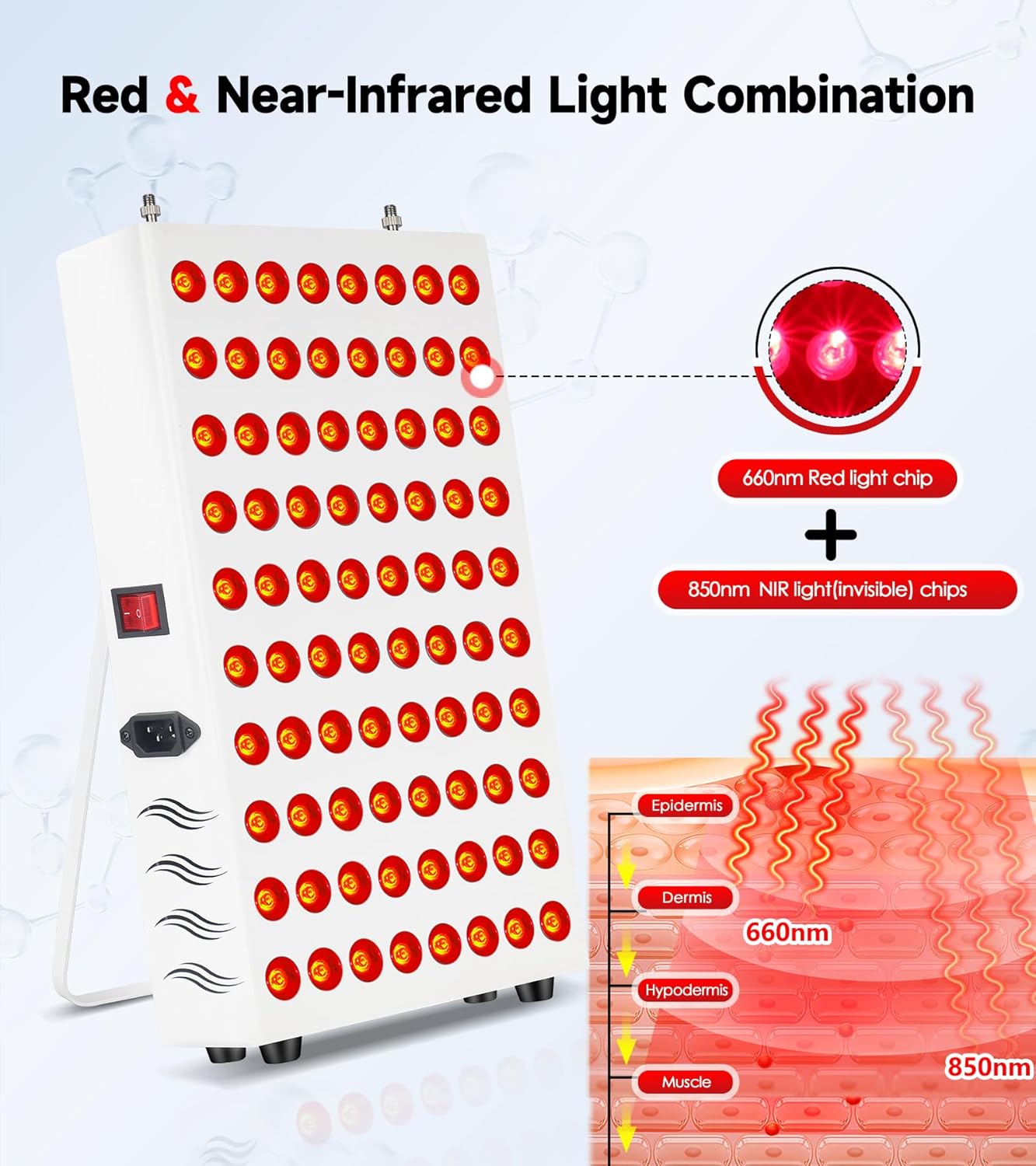 Terapia de luz roja para cara y cuerpo, lámpara de terapia de luz roja yasinaner de 660 nm roja y 850 nm de luz infrarroja cercana, dispositivo de