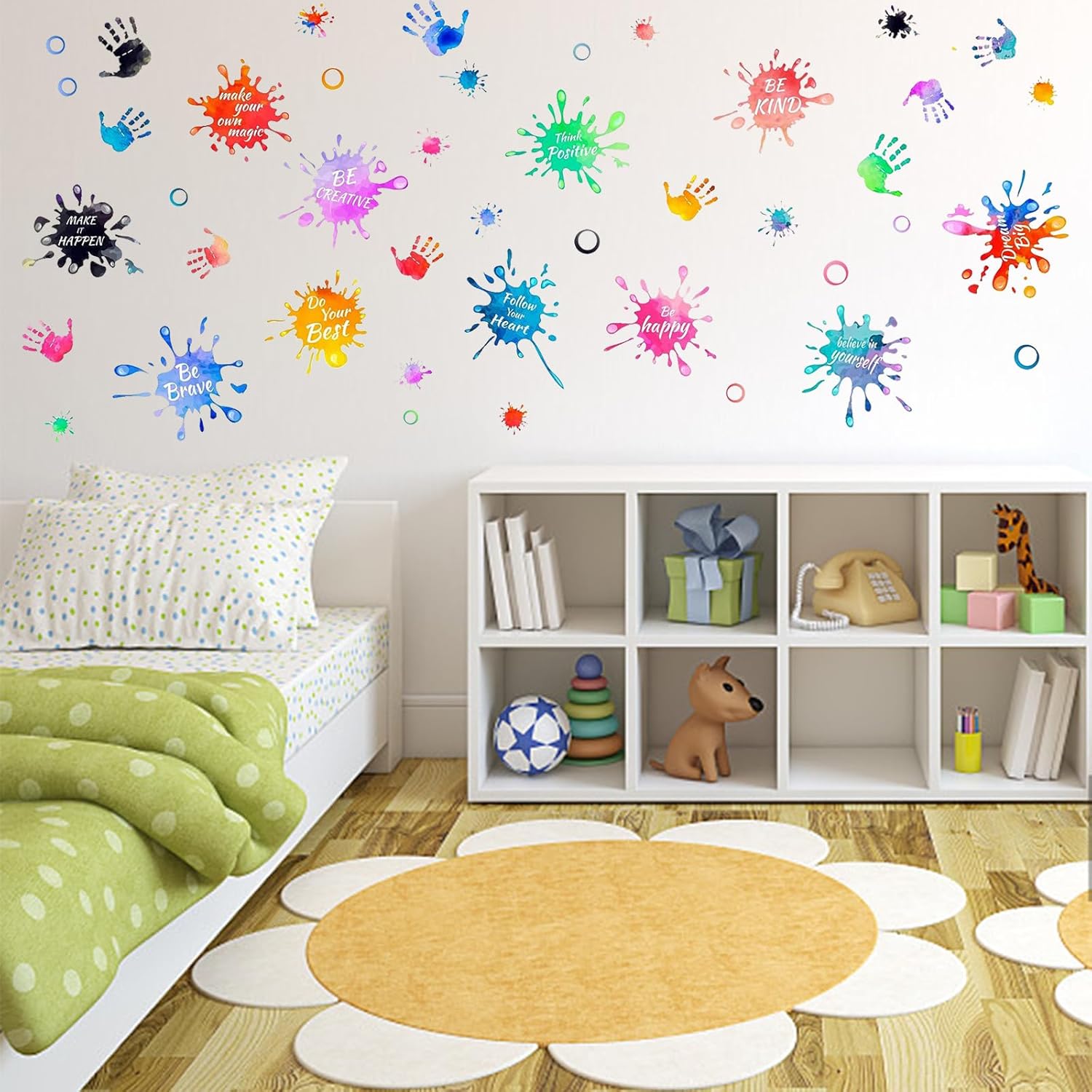 3 hojas coloridas de huellas de manos salpicadas de pintura, citas inspiradoras, calcomanías de pared extraíbles de vinilo para despegar y pegar,