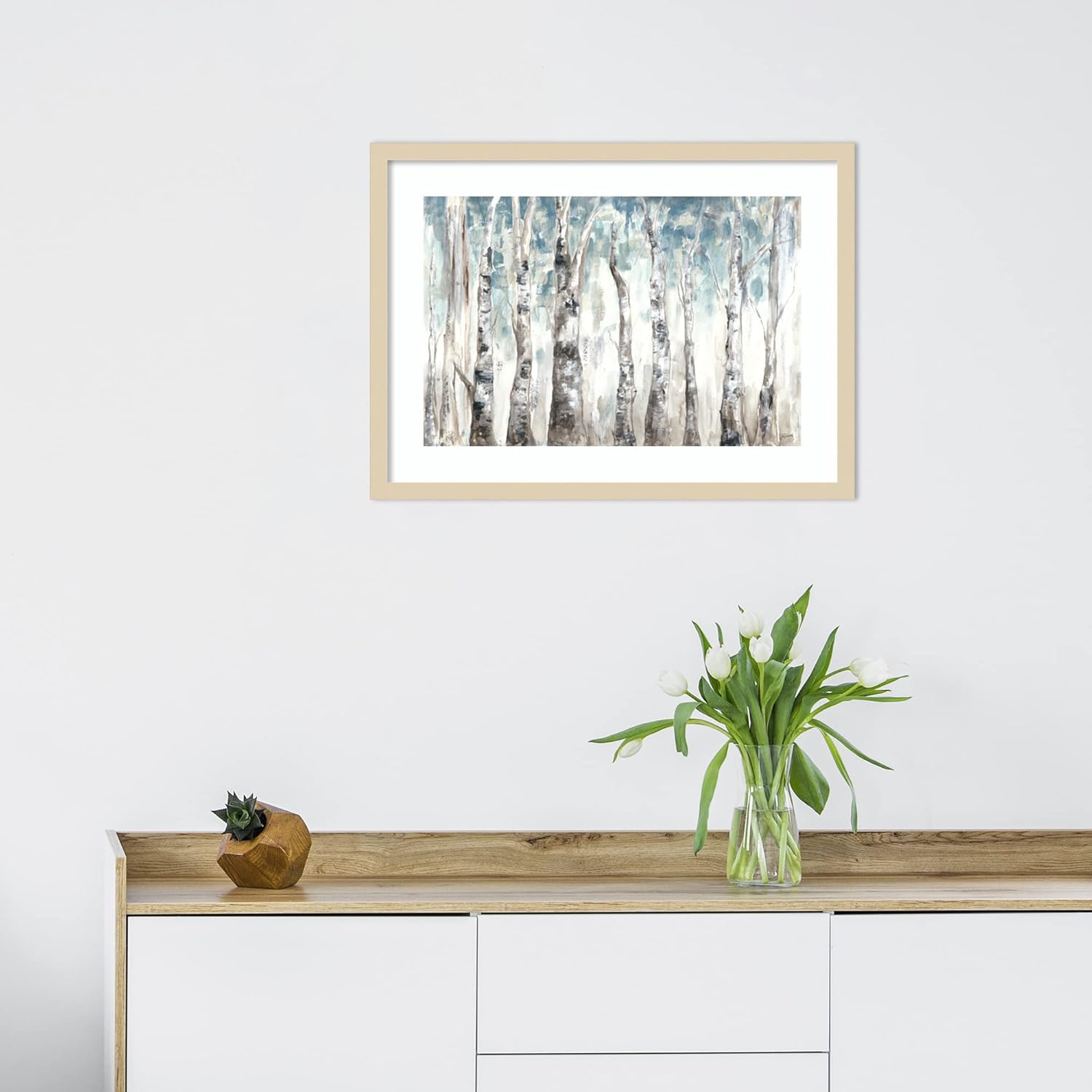 Amanti Art Framed Wall Art Print (25×19) Winter Aspen Trunks Blue by Tre Sorelle Studios Framed Poster for Wall Decor, Living Room, Bedroom,