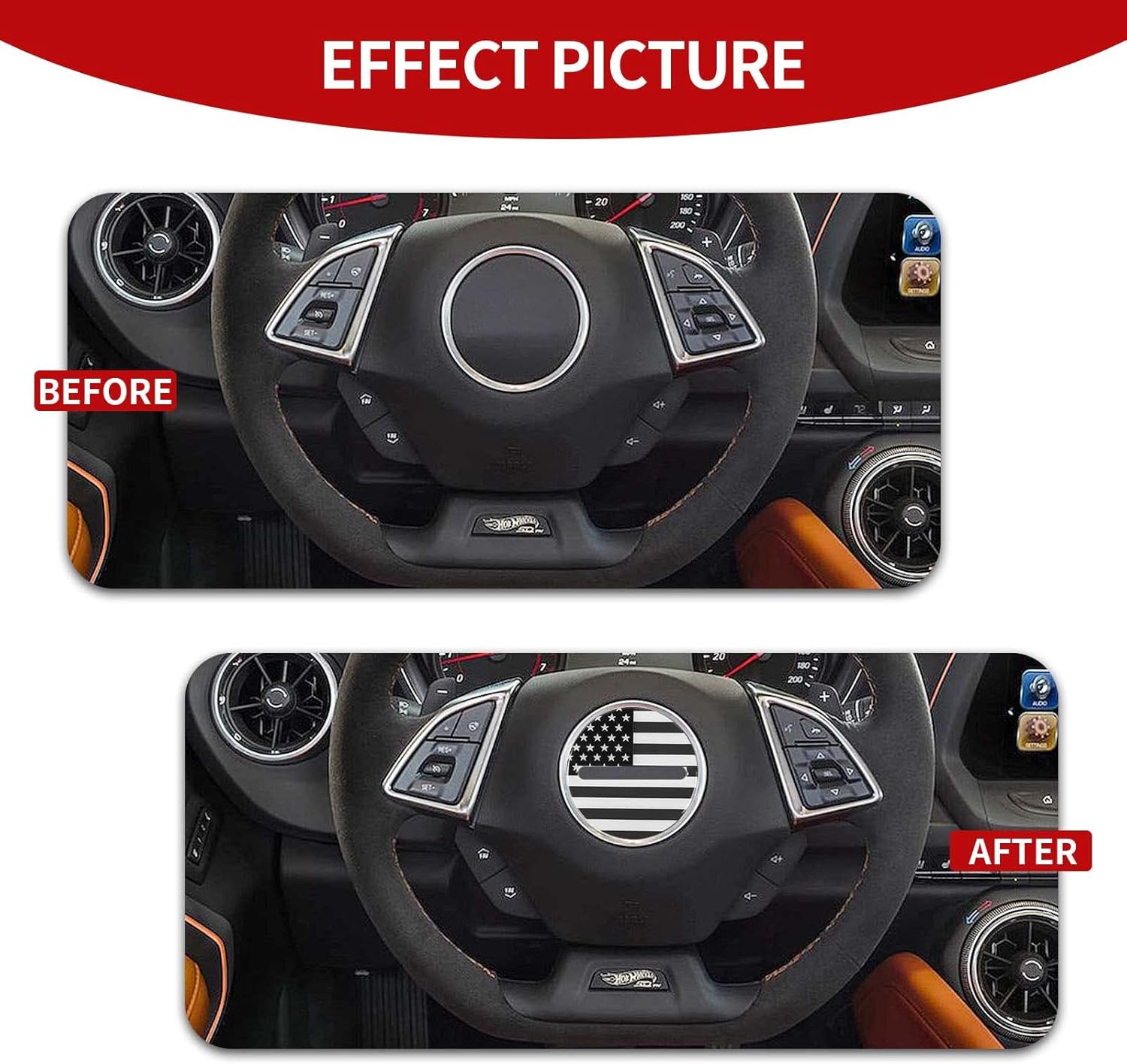 CheroCar Adhesivo decorativo para volante, accesorios interiores compatibles con Chevrolet Camaro 2016 2017 2018 2019 2020 2021 2022, bandera