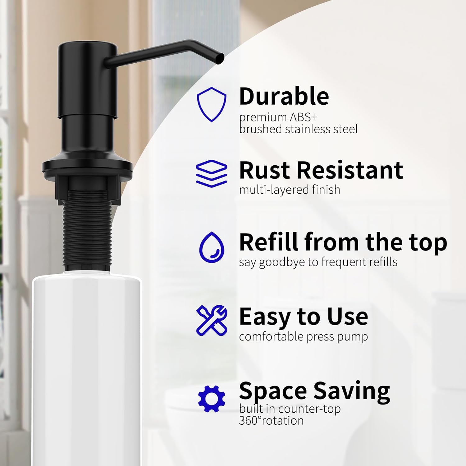 JZBRAIN Dispensador de jabón integrado para recambio de fregadero de cocina de The Top Bar Fregadero de encimera, dispensador de jabón para platos,