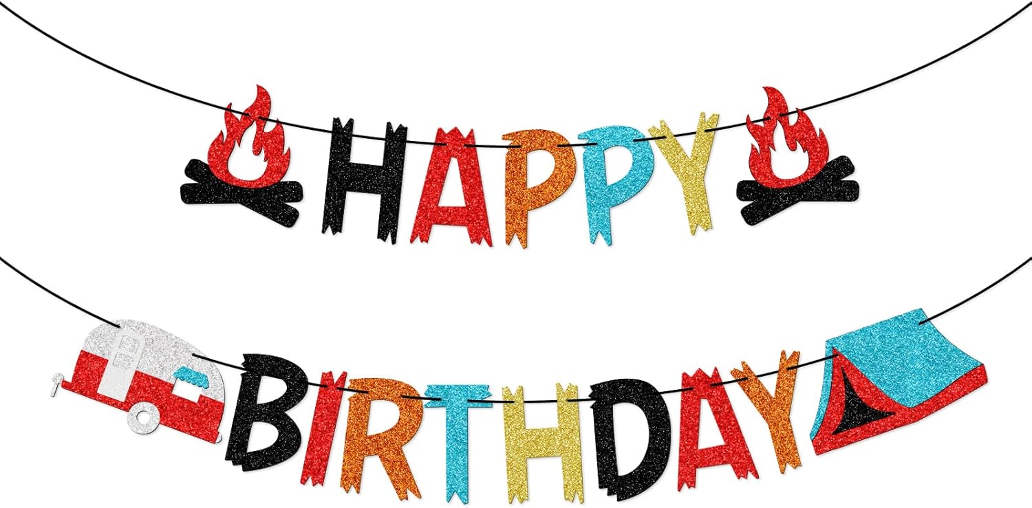 Cartel de feliz cumpleaños con purpurina, fiesta al aire libre, fiesta en el patio trasero, decoración de cumpleaños de campamento para niños y