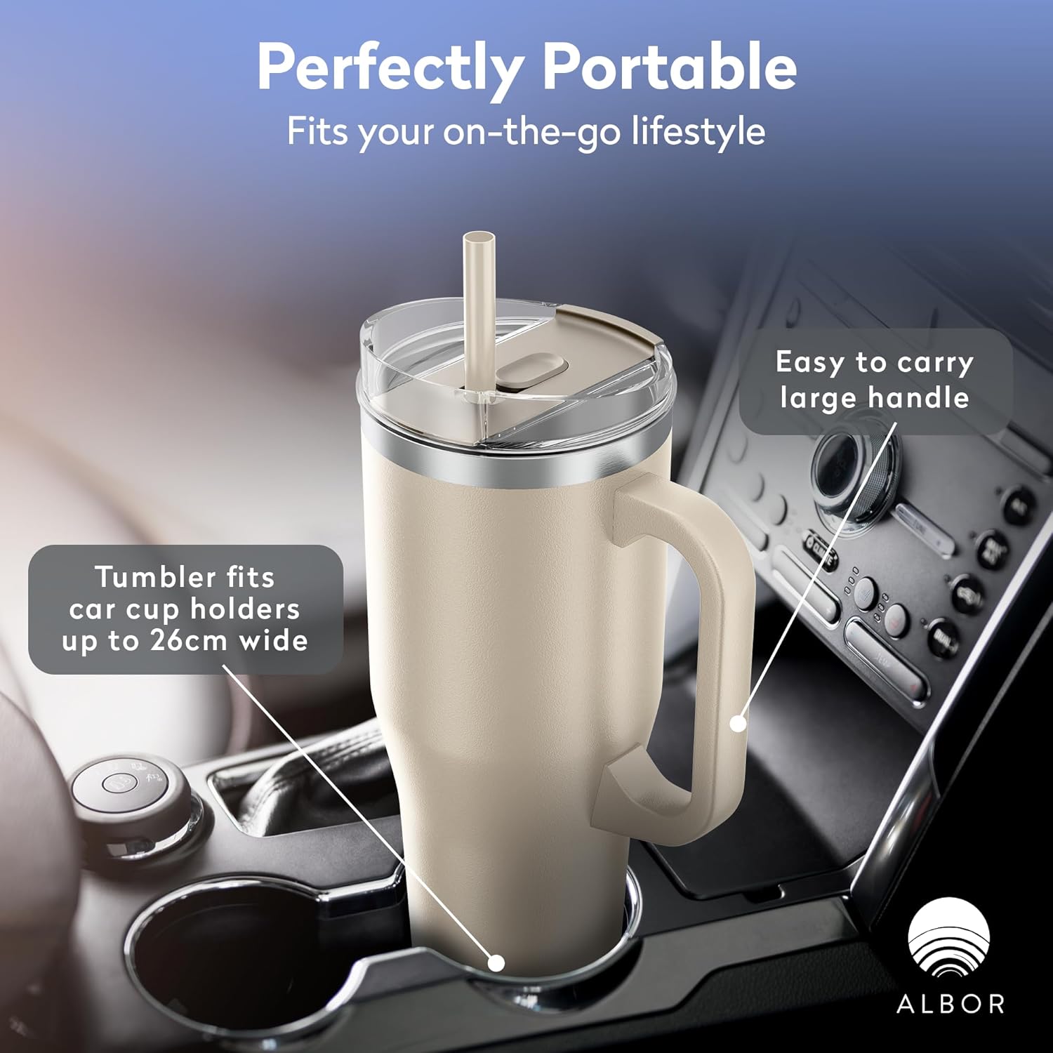 ALBOR Vaso de 40 onzas con tapa y popote, vaso aislado de acero inoxidable duradero con asa, a prueba de fugas, botellas de agua a prueba de