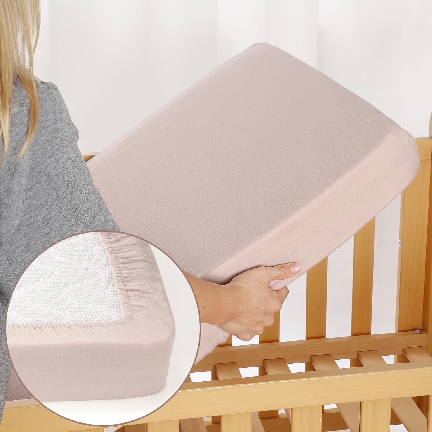 Paquete de 2 sábanas de muselina para cuna, sábana bajera elástica compatible con Graco Pack n Play, material suave y transpirable, niebla y rubor
