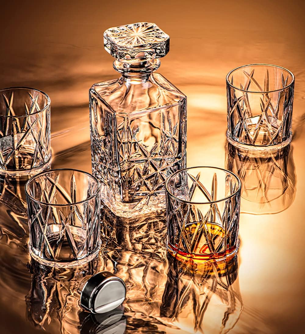 Decantador de vino y whisky de 7 piezas de cristal hecho a mano italiana con 6 vasos de licor, whisky escocés y bourbon para hombre