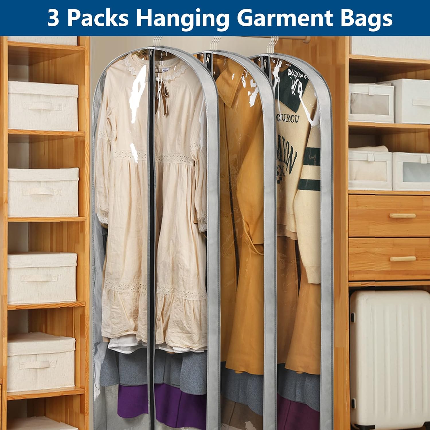 Paquete de 3 bolsas de ropa de 60 pulgadas de largo para colgar ropa, fundas transparentes a prueba de polillas con refuerzos de 4 pulgadas para