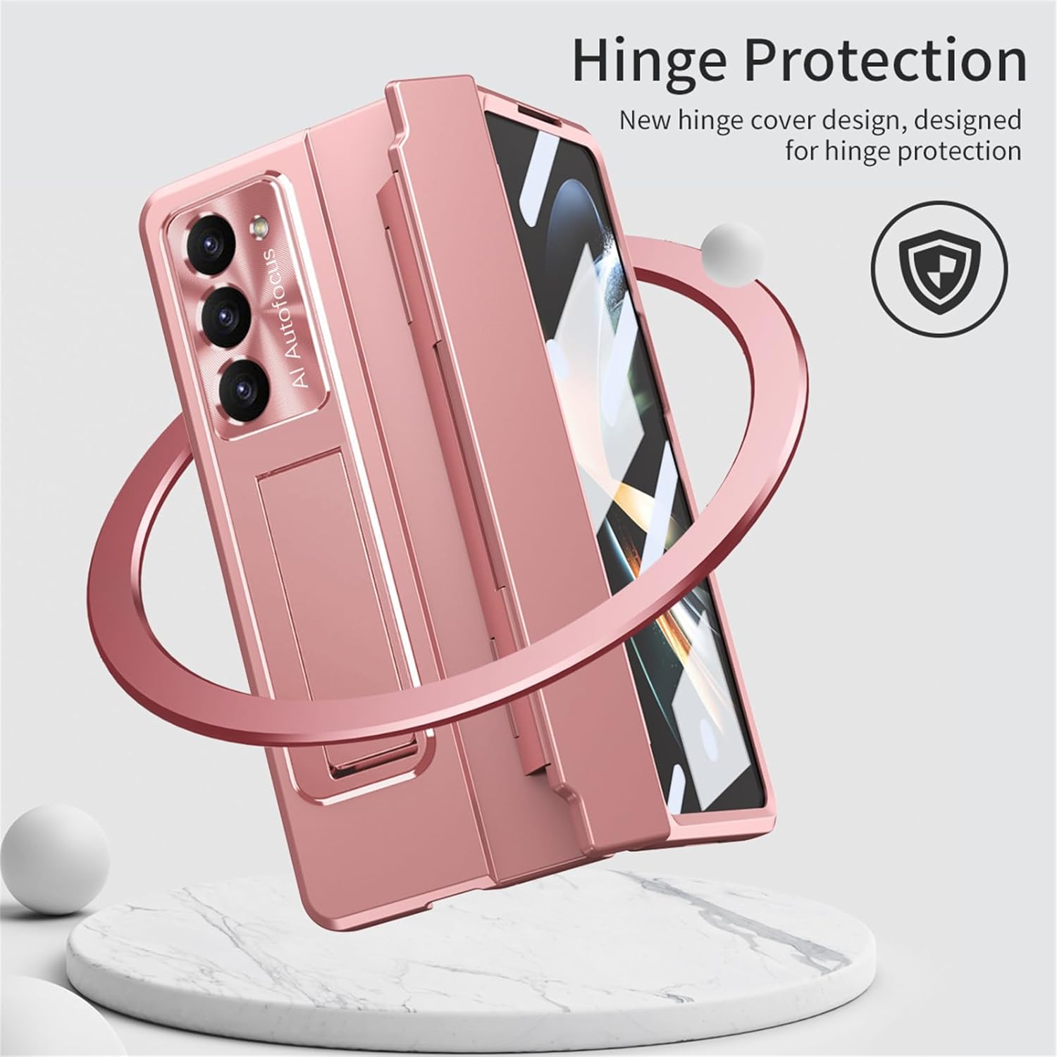 Funda para Samsung Galaxy Z Fold 5 2023, carcasa de una pieza Z Fold5 con función atril y protector de pantalla, protección completa (oro rosa)
