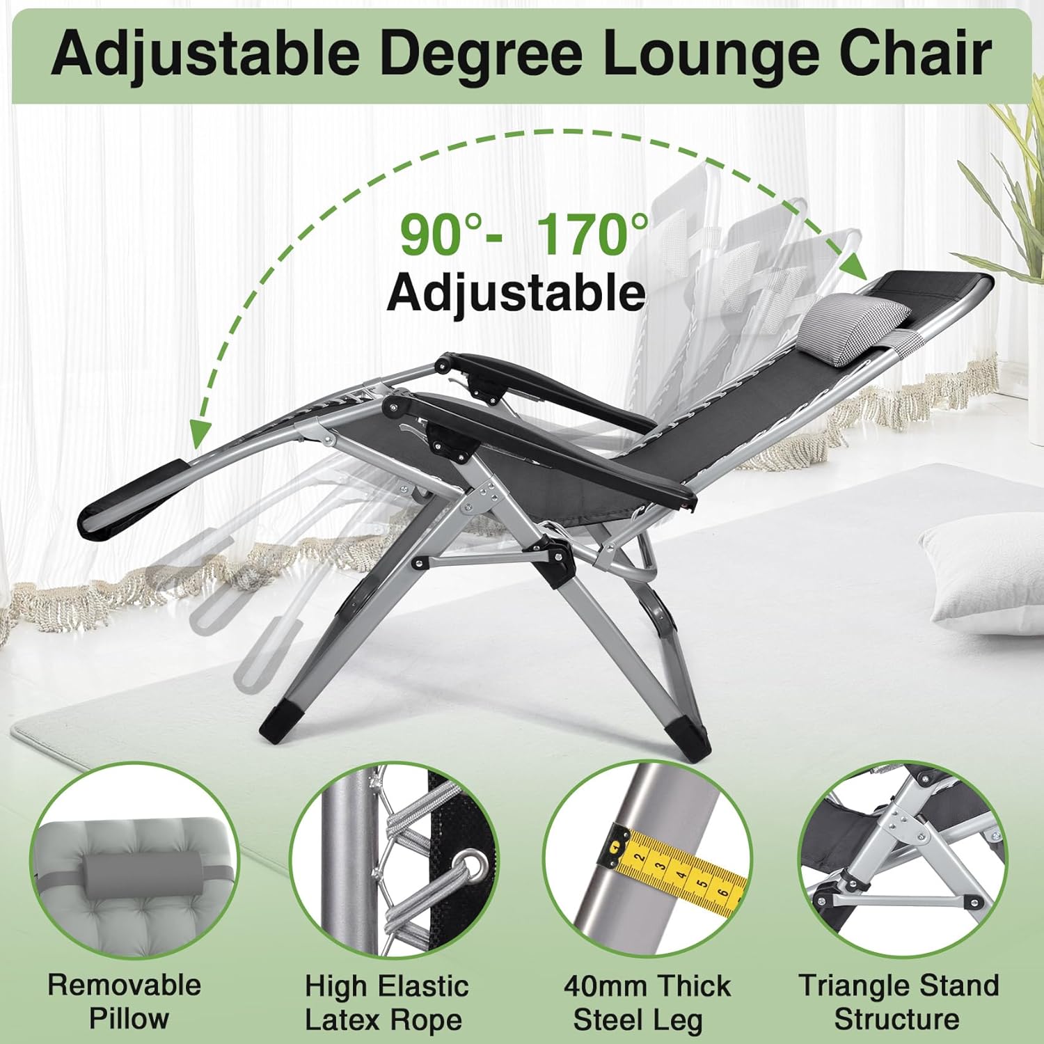 Slendor Zero Gravity – Silla reclinable con bloqueo mejorado y cojín extraíble, silla de campamento reclinable con bandeja portavasos, reposacabezas