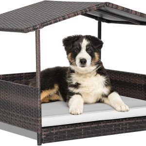 Giantex Casa de mimbre para perro, cama elevada de ratán para perros con techo impermeable, funda de cojín lavable, marco de acero, cama elevada Giantex Casa de mimbre para perro, cama elevada de ratán para perros con techo impermeable, funda de cojín lavable, marco de acero, cama elevada